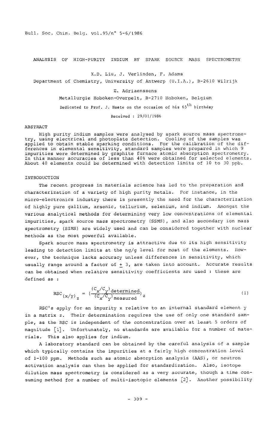 Analysis of HighPurity Indium by Spark Source Mass Spectrometry by Unknown