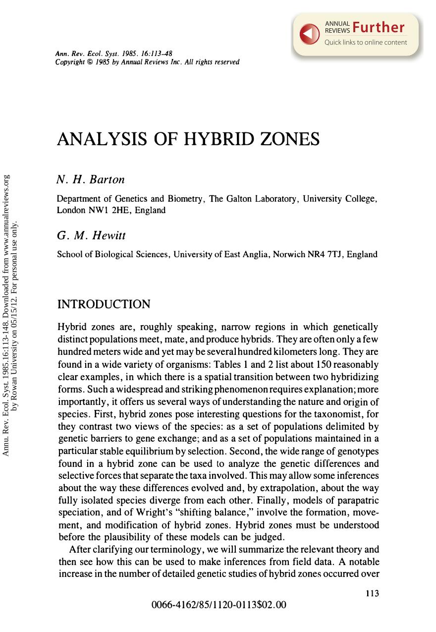 Analysis of Hybrid Zones by N H Barton & and G M Hewitt