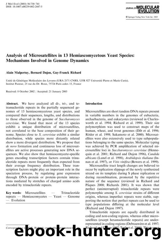 Analysis of Microsatellites in 13 Hemiascomycetous Yeas Species: Mechanisms Involved in Genome Dynamics by Malpertuy A. et al
