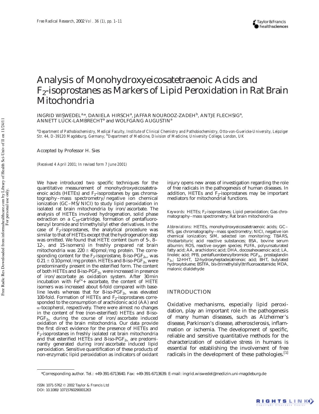 Analysis of Monohydroxyeicosatetraenoic Acids and F2 -isoprostanes as Markers of Lipid Peroxidation in Rat Brain Mitochondria by unknow
