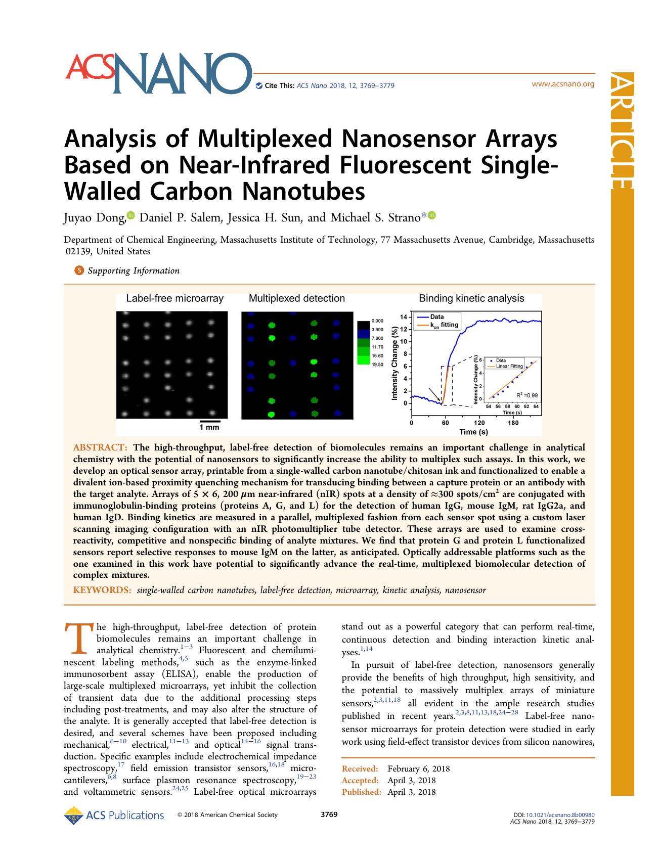 Analysis of Multiplexed Nanosensor Arrays Based on Near-Infrared Fluorescent Single-Walled Carbon Nanotubes by Juyao Dong Daniel P. Salem Jessica H. Sun and Michael S. Strano
