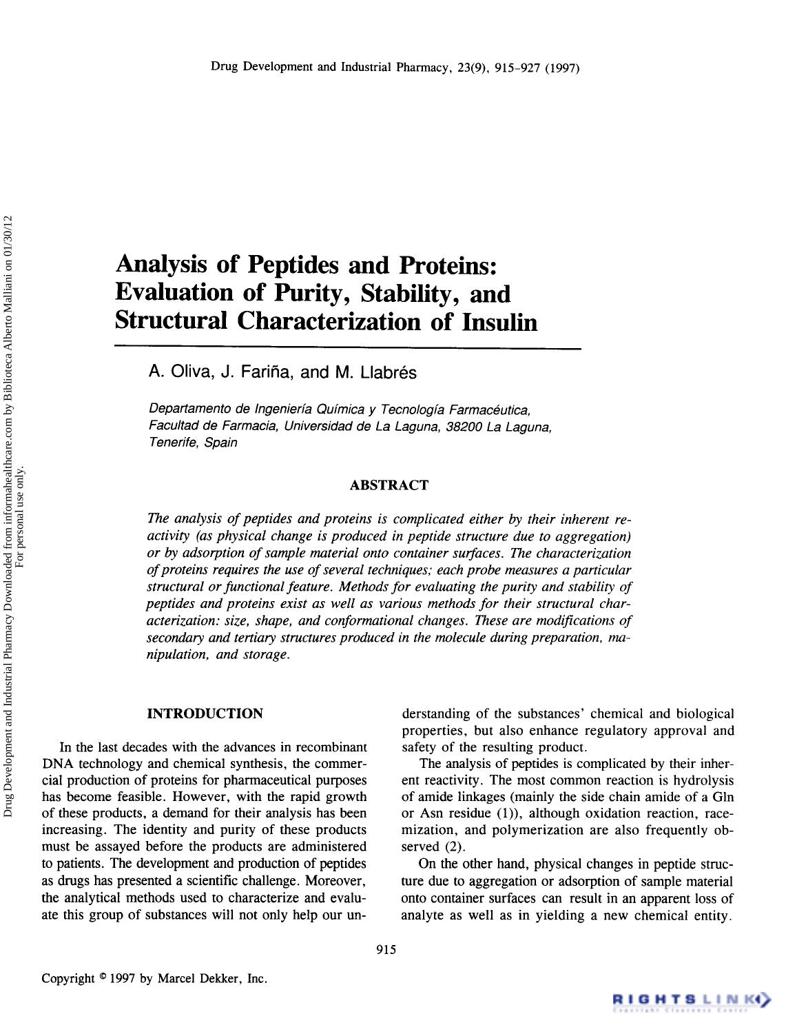 Analysis of Peptides and Proteins: Evaluation of Purity, Stability, and Structural Characterization of Insulin by A. Oliva J. Fariña & M. Llabrés