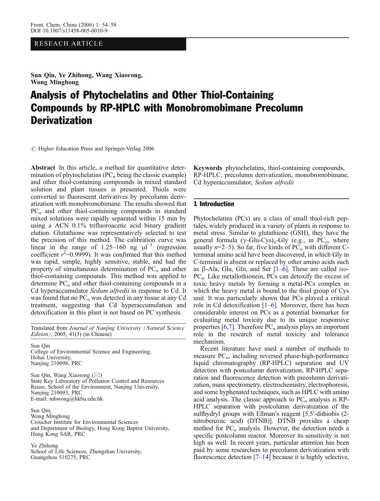 Analysis of Phytochelatins and Other Thiol-Containing Compounds by RP-HPLC with Monobromobimane Precolumn Derivatization by Unknown
