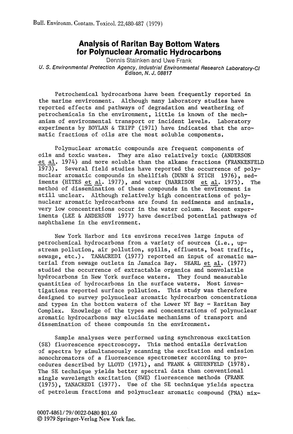 Analysis of Raritan Bay bottom waters for polynuclear aromatic hydrocarbons by Unknown