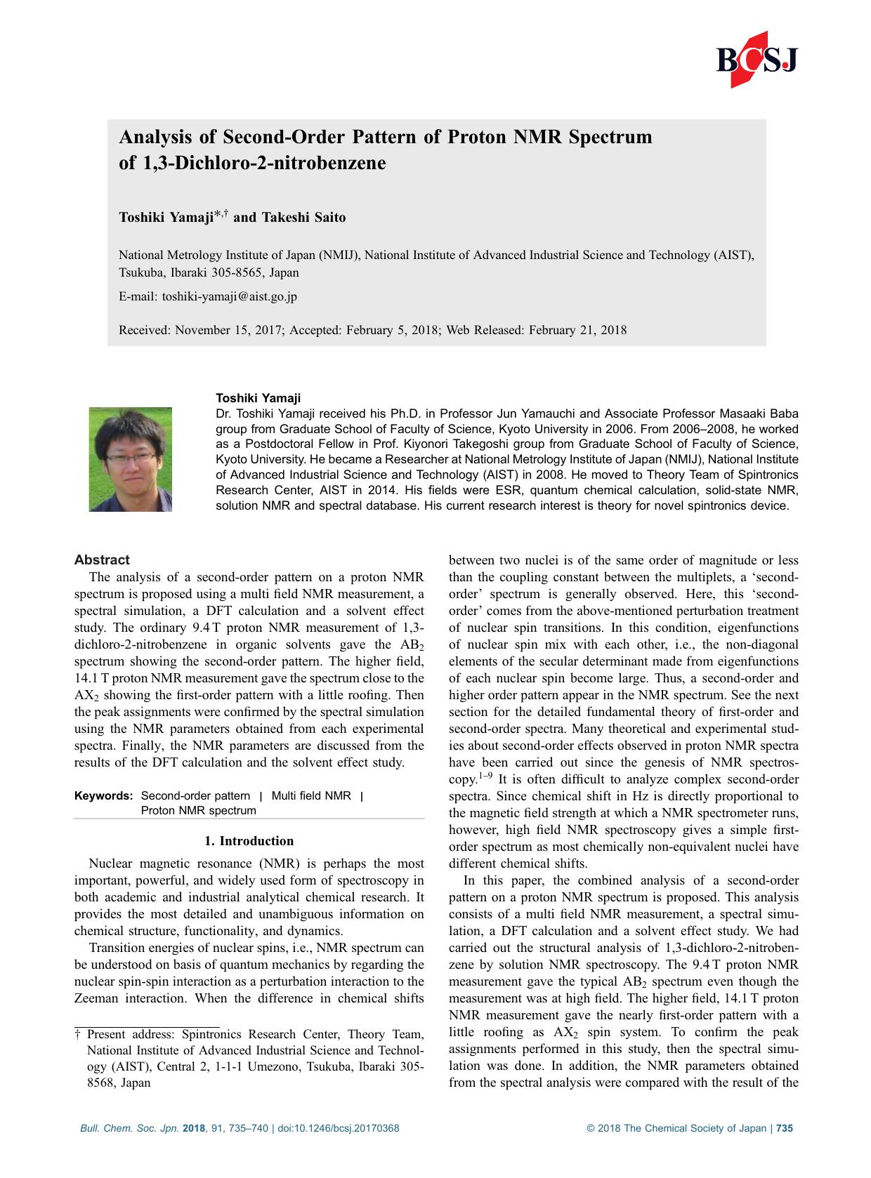 Analysis of Second-Order Pattern of Proton NMR Spectrum of 1,3-Dichloro-2-nitrobenzene by Unknown