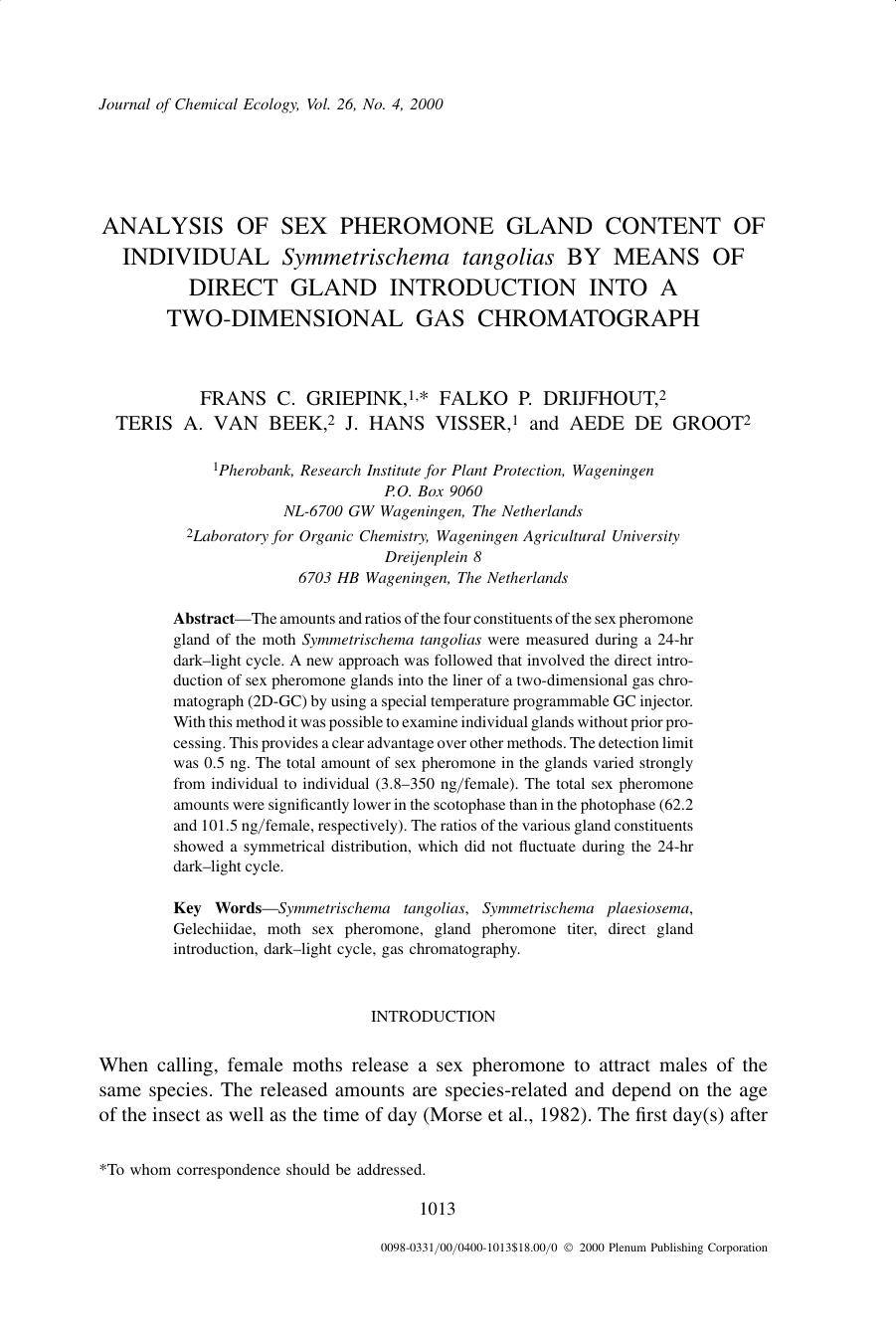 Analysis of Sex Pheromone Gland Content of Individual Symmetrischema tangolias by Means of Direct Gland Introduction into a Two-dimensional Gas Chromatograph by Unknown