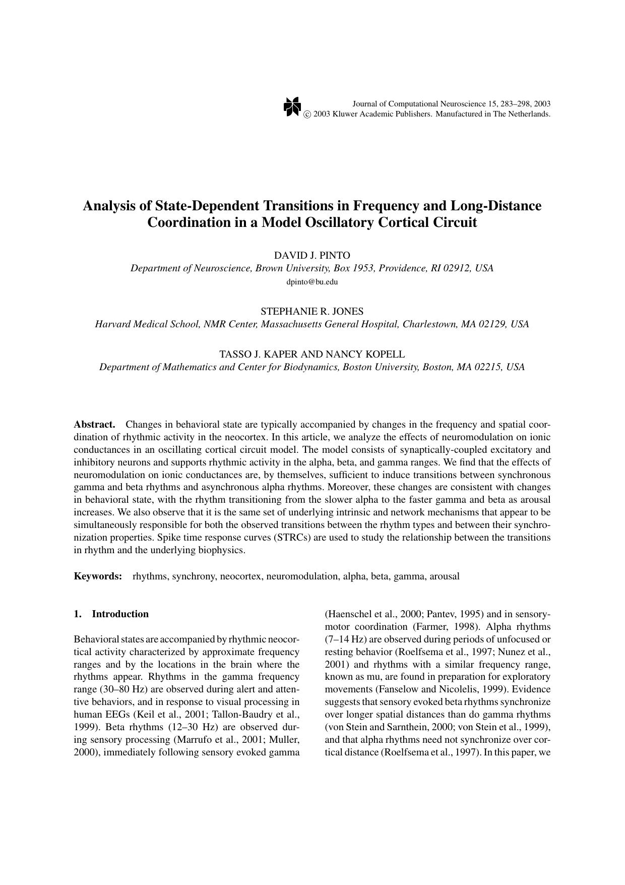 Analysis of State-Dependent Transitions in Frequency and Long-Distance Coordination in a Model Oscillatory Cortical Circuit by Unknown