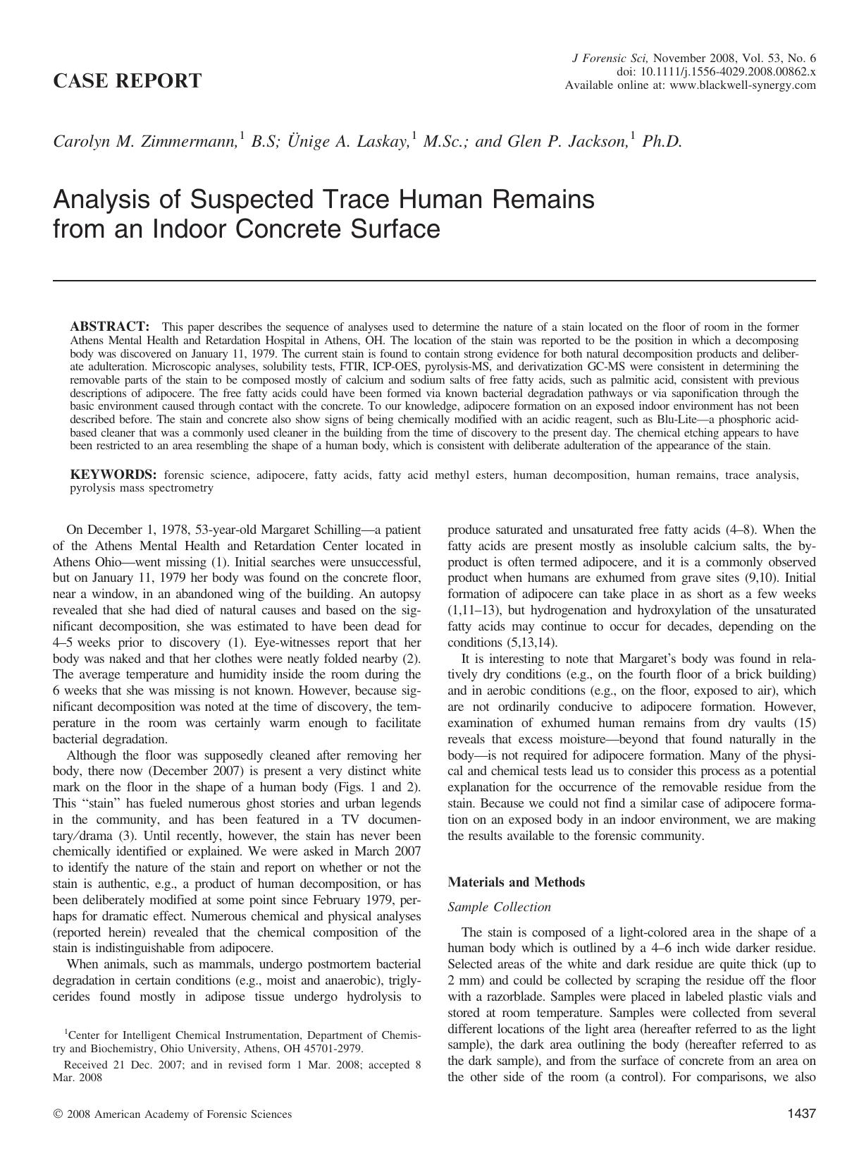 Analysis of Suspected Trace Human Remains from an Indoor Concrete Surface by Unknown