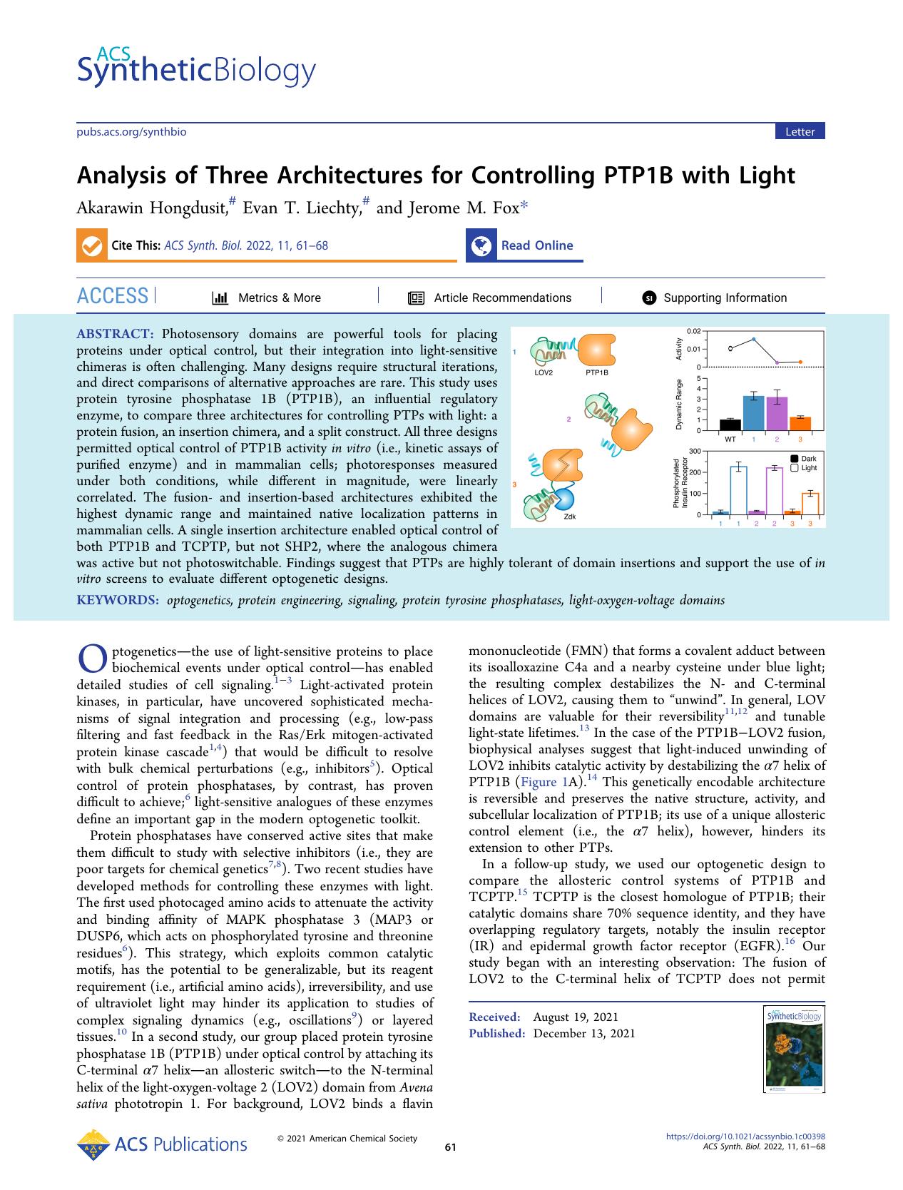 Analysis of Three Architectures for Controlling PTP1B with Light by Akarawin Hongdusit Evan T. Liechty and Jerome M. Fox