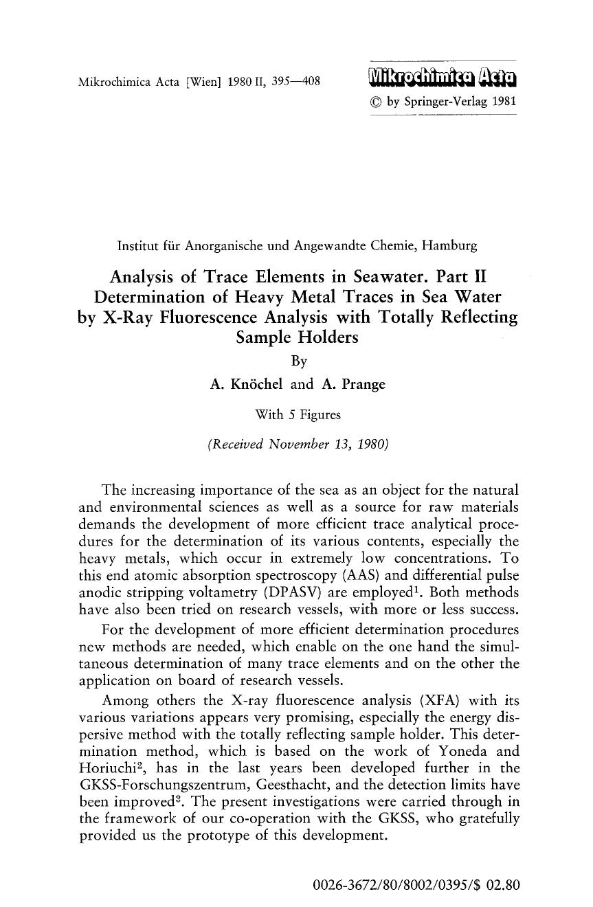 Analysis of Trace Elements in Seawater. Part II Determination of Heavy Metal Traces in Sea Water by X-Ray Fluorescence Analysis with Totally Reflecting Sample Holders by Unknown