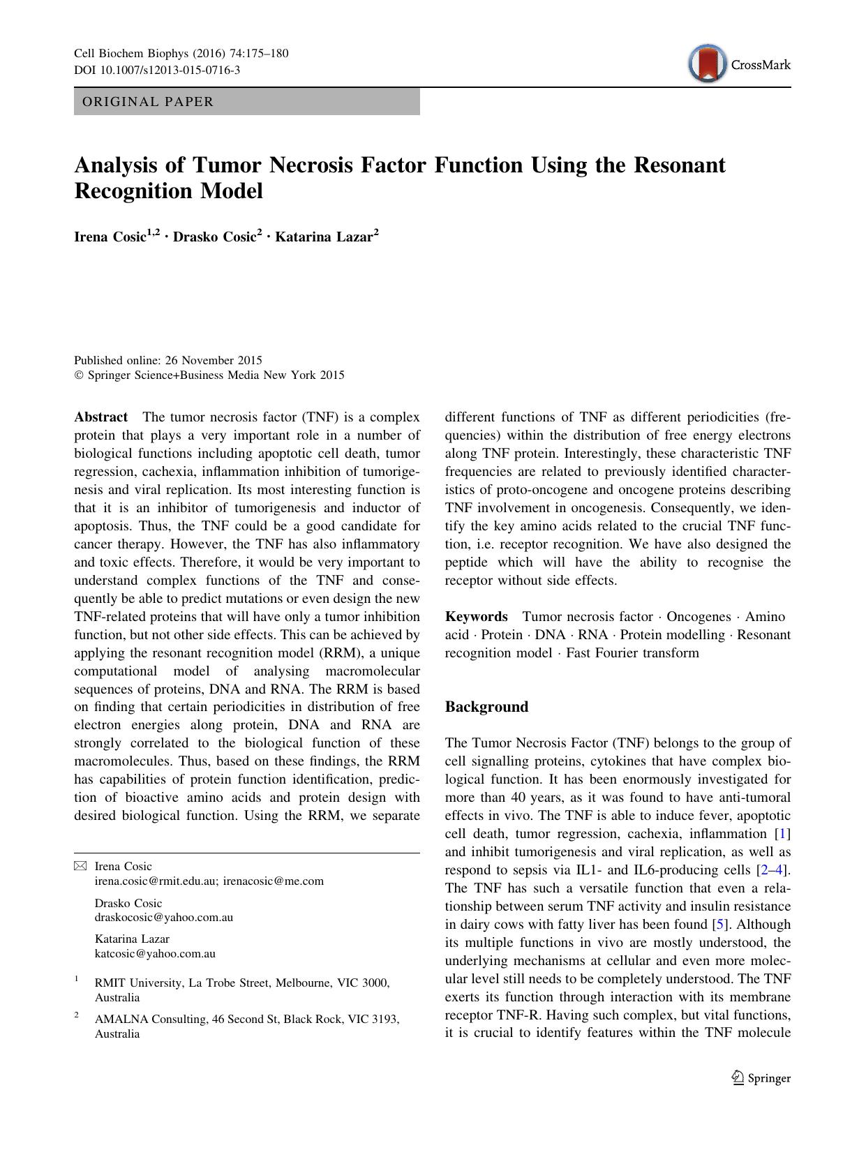 Analysis of Tumor Necrosis Factor Function Using the Resonant Recognition Model by Irena Cosic & Drasko Cosic & Katarina Lazar