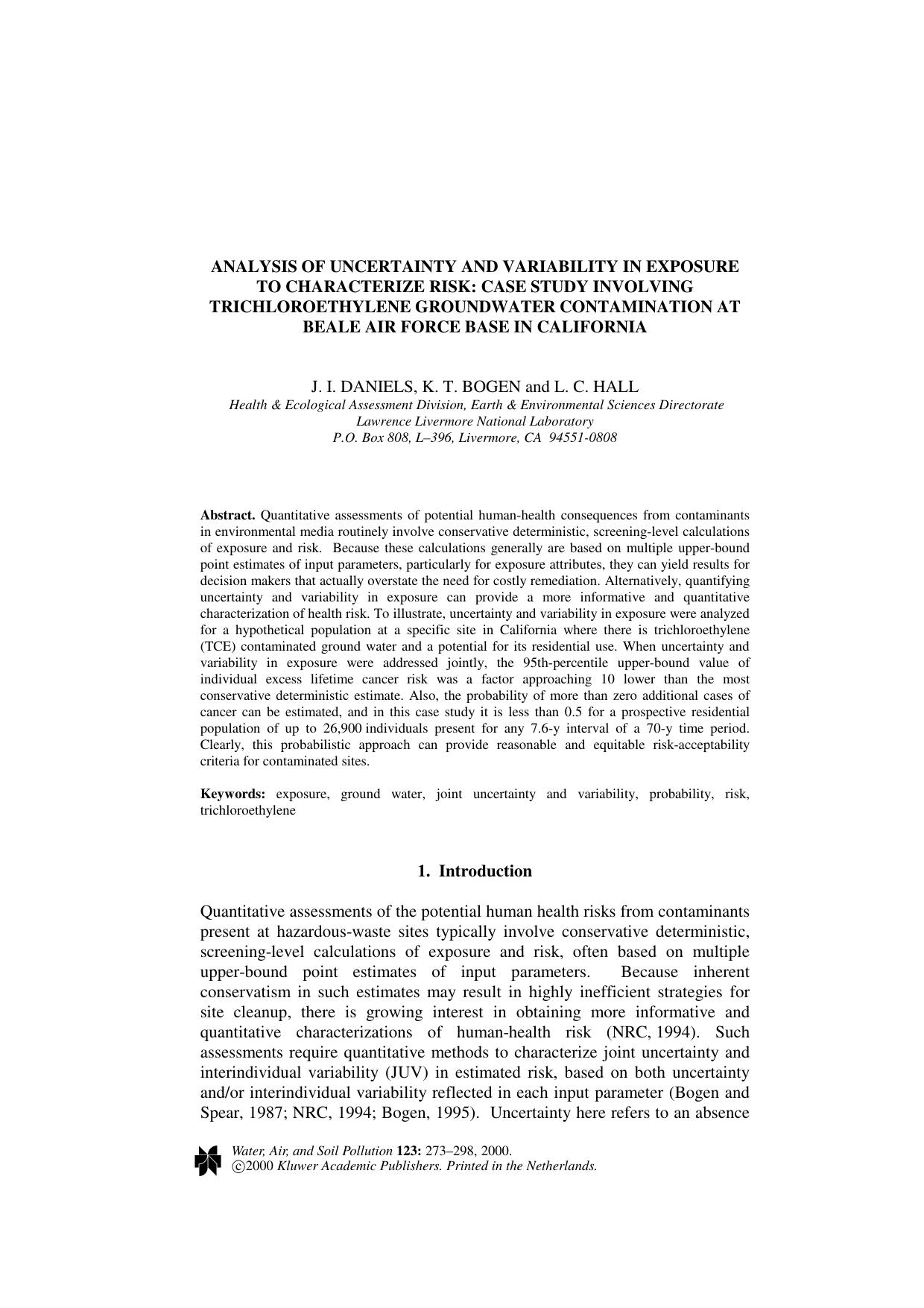 Analysis of Uncertainty and Variability in Exposure to Characterize Risk: Case Study Involving Trichloroethylene Groundwater Contamination at Beale Air Force Base in California by Unknown