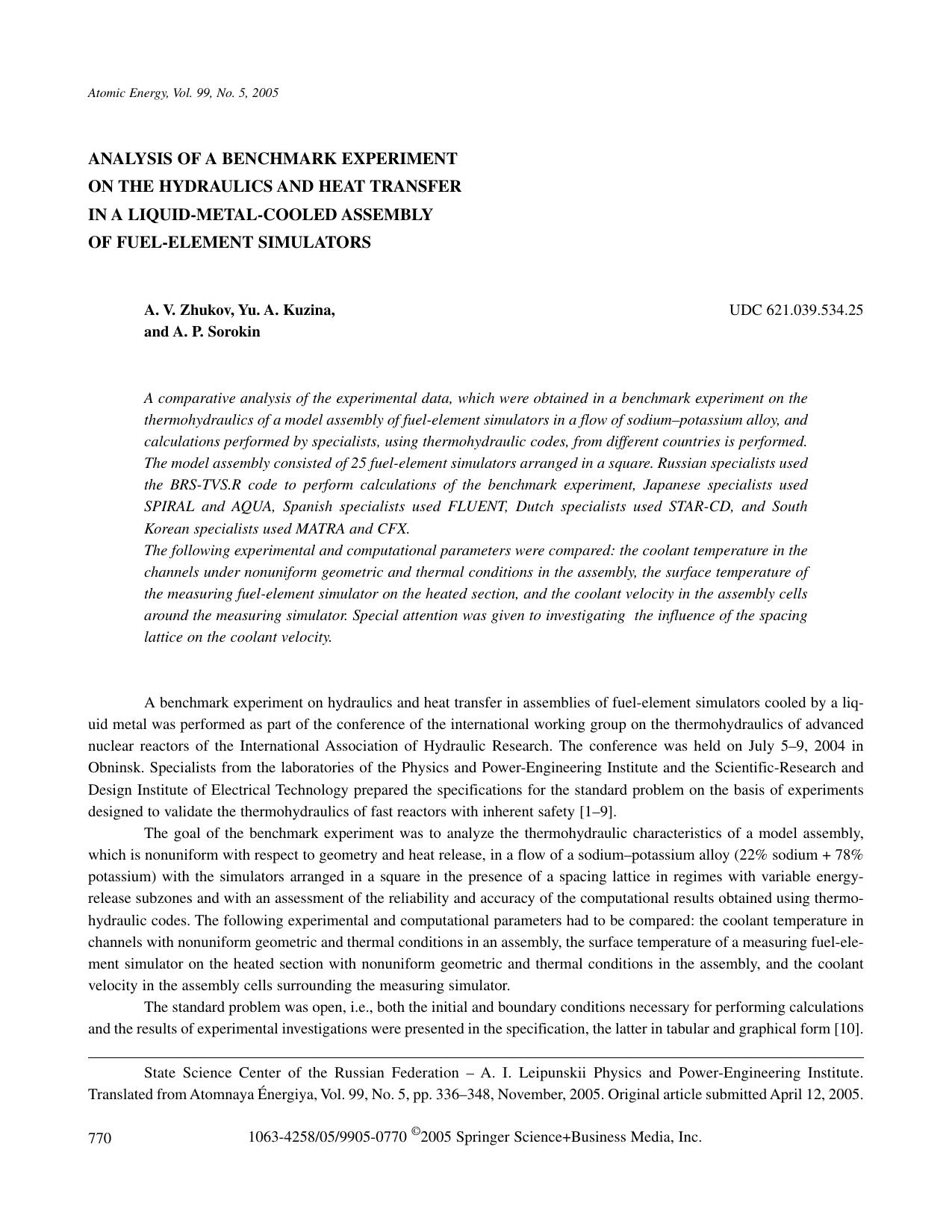 Analysis of a Benchmark Experiment on the Hydraulics and Heat Transfer in a Liquid-Metal-Cooled Assembly of Fuel-Element Simulators by Unknown