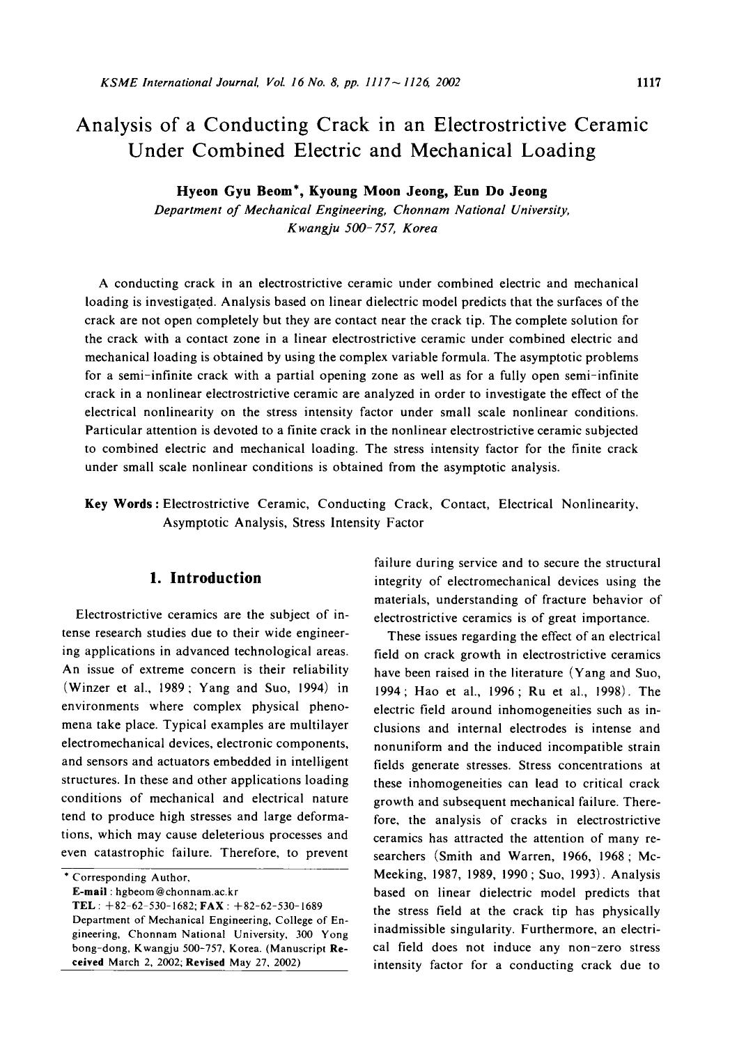 Analysis of a conducting crack in an electrostrictive ceramic under combined electric and mechanical loading by Unknown