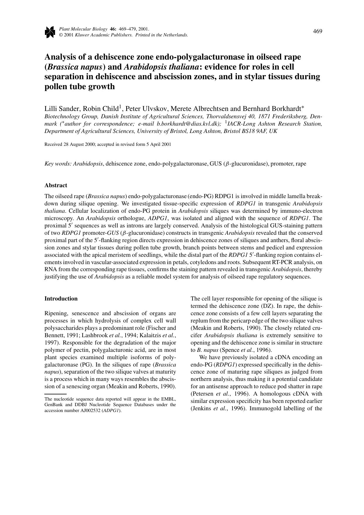 Analysis of a dehiscence zone endo-polygalacturonase in oilseed rape (Brassica napus) and Arabidopsis thaliana: evidence for roles in cell separation in dehiscence and abscission z by Unknown