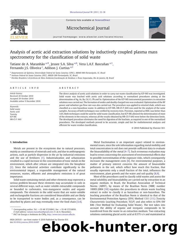 Analysis of acetic acid extraction solutions by inductively coupled plasma mass spectrometry for the classification of solid waste by unknow