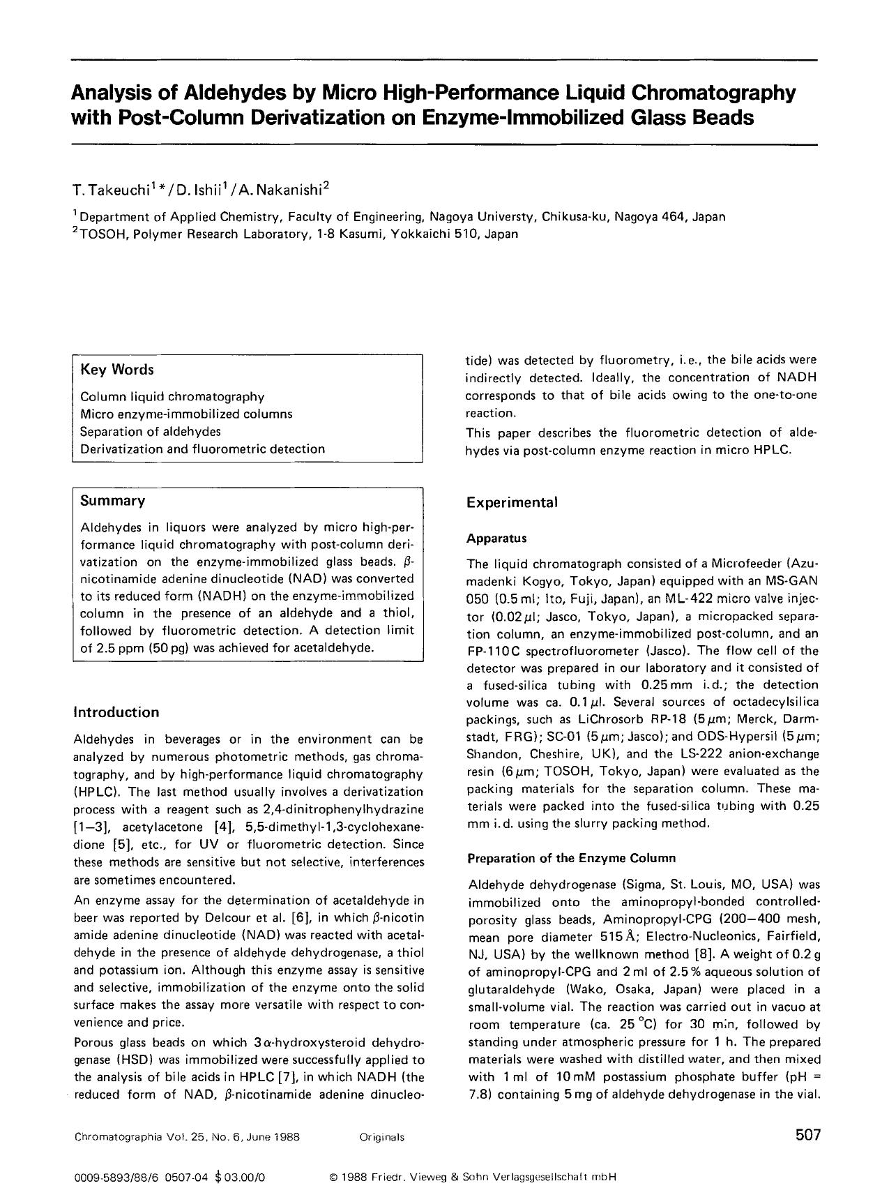 Analysis of aldehydes by micro high-performance liquid chromatography with post-column derivatization on enzyme-immobilized glass beads by Unknown