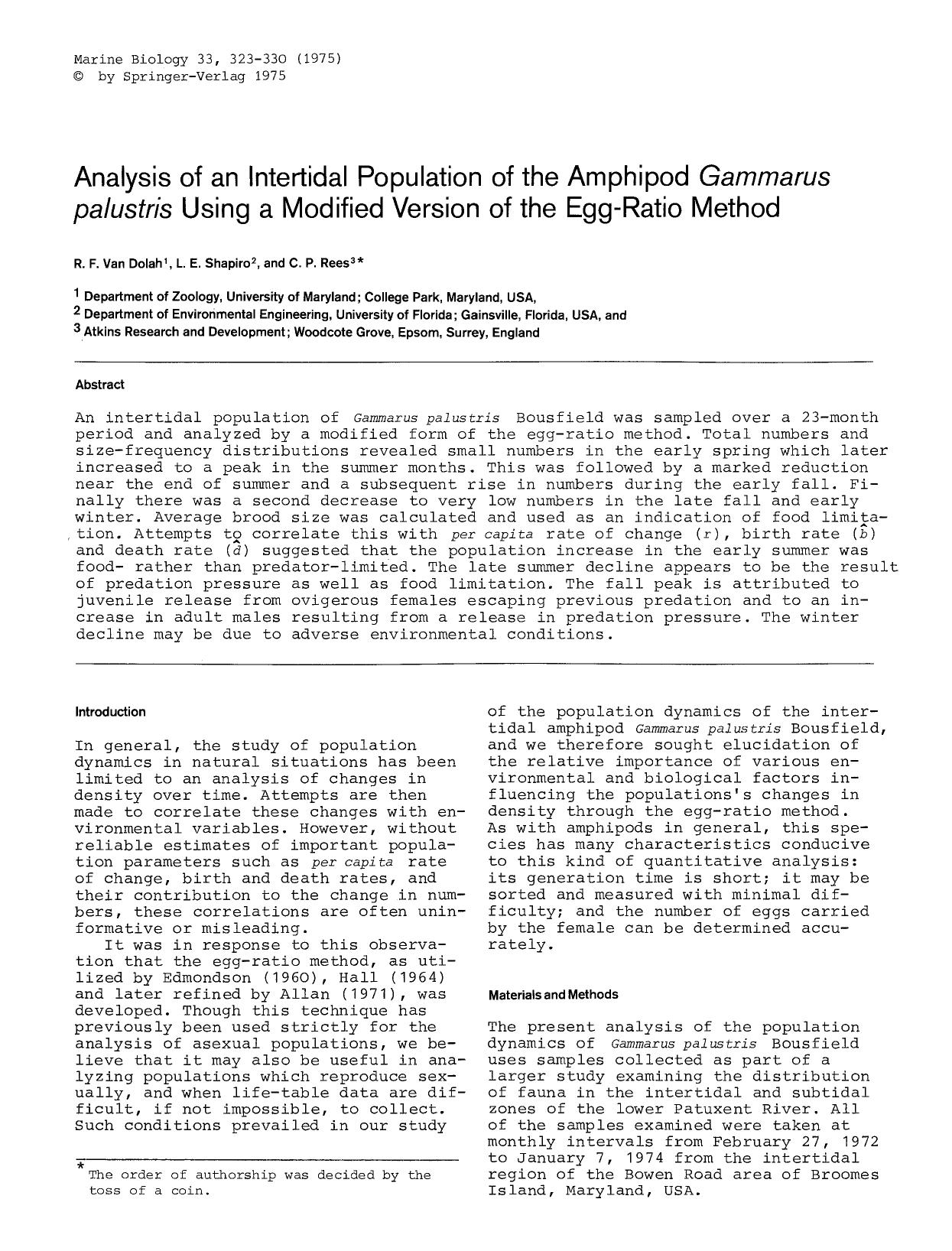 Analysis of an intertidal population of the amphipod <Emphasis Type="Italic">Gammarus palustris<Emphasis> using a modified version of the egg-ratio method by Unknown