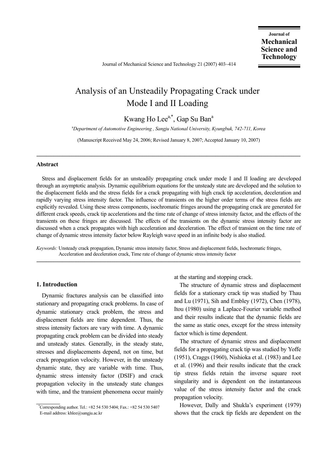 Analysis of an unsteadily propagating crack under mode I and II loading by Unknown