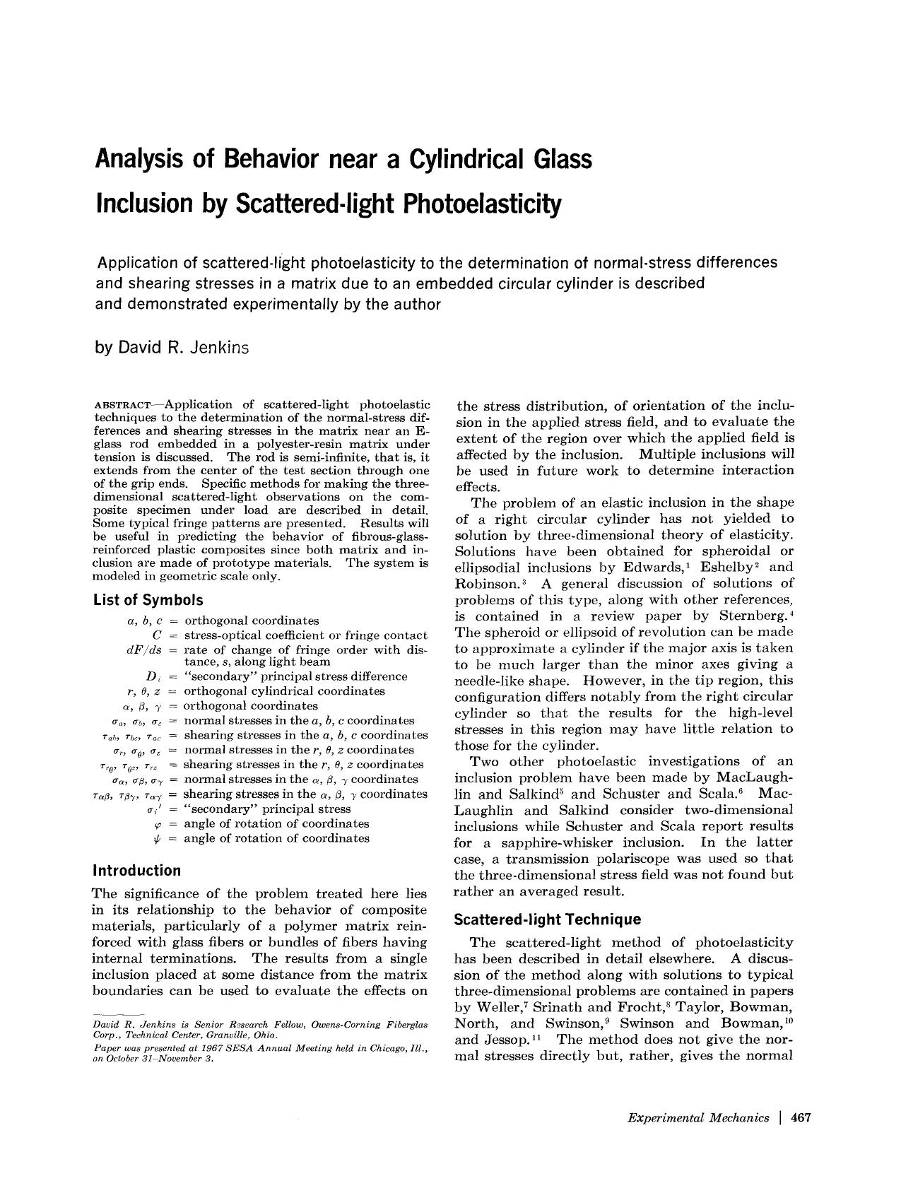 Analysis of behavior near a cylindrical glass inclusion by scattered-light photoelasticity by Unknown