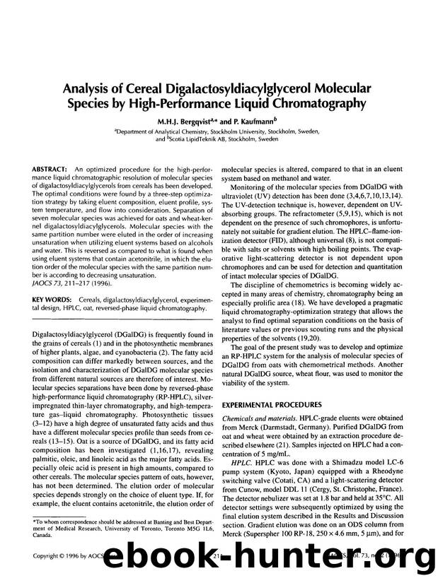 Analysis of cereal digalactosyldiacylglycerol molecular species by high-performance liquid chromatography by Unknown