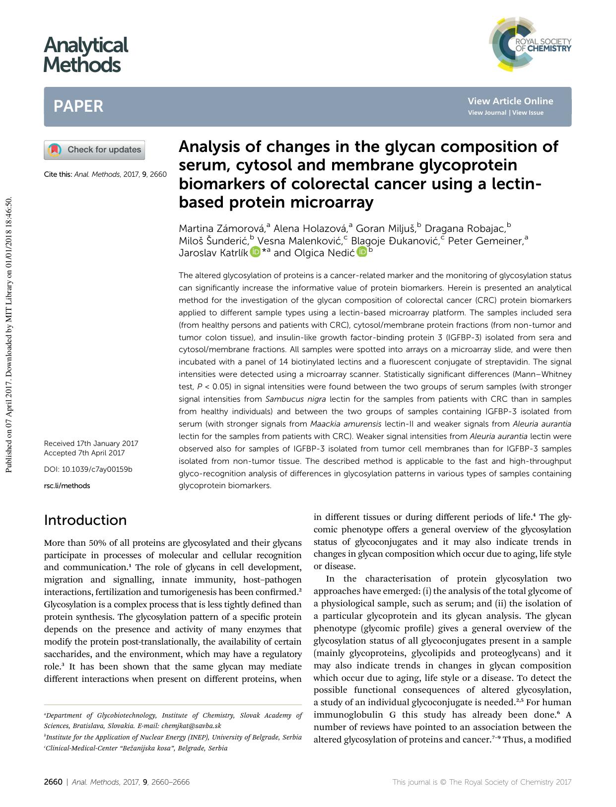 Analysis of changes in the glycan composition of serum, cytosol and membrane glycoprotein biomarkers of colorectal cancer using a lectin-based protein microarray by unknow