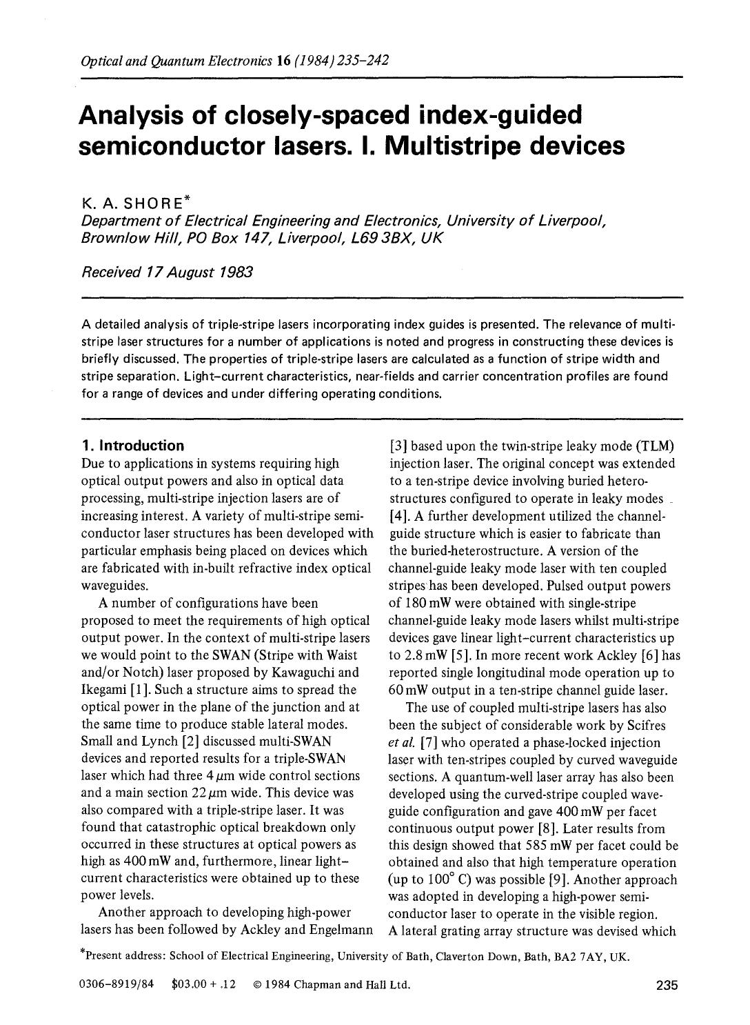 Analysis of closely-spaced index-guided semiconductor laser. I. Multistripe devices by Unknown