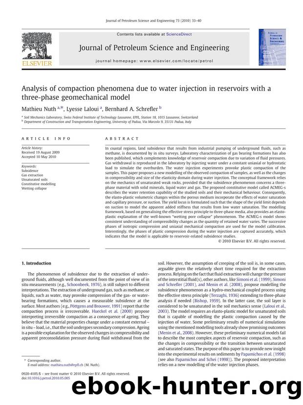 Analysis of compaction phenomena due to water injection in reservoirs with a three-phase geomechanical model by Mathieu Nuth & Lyesse Laloui & Bernhard A. Schrefler
