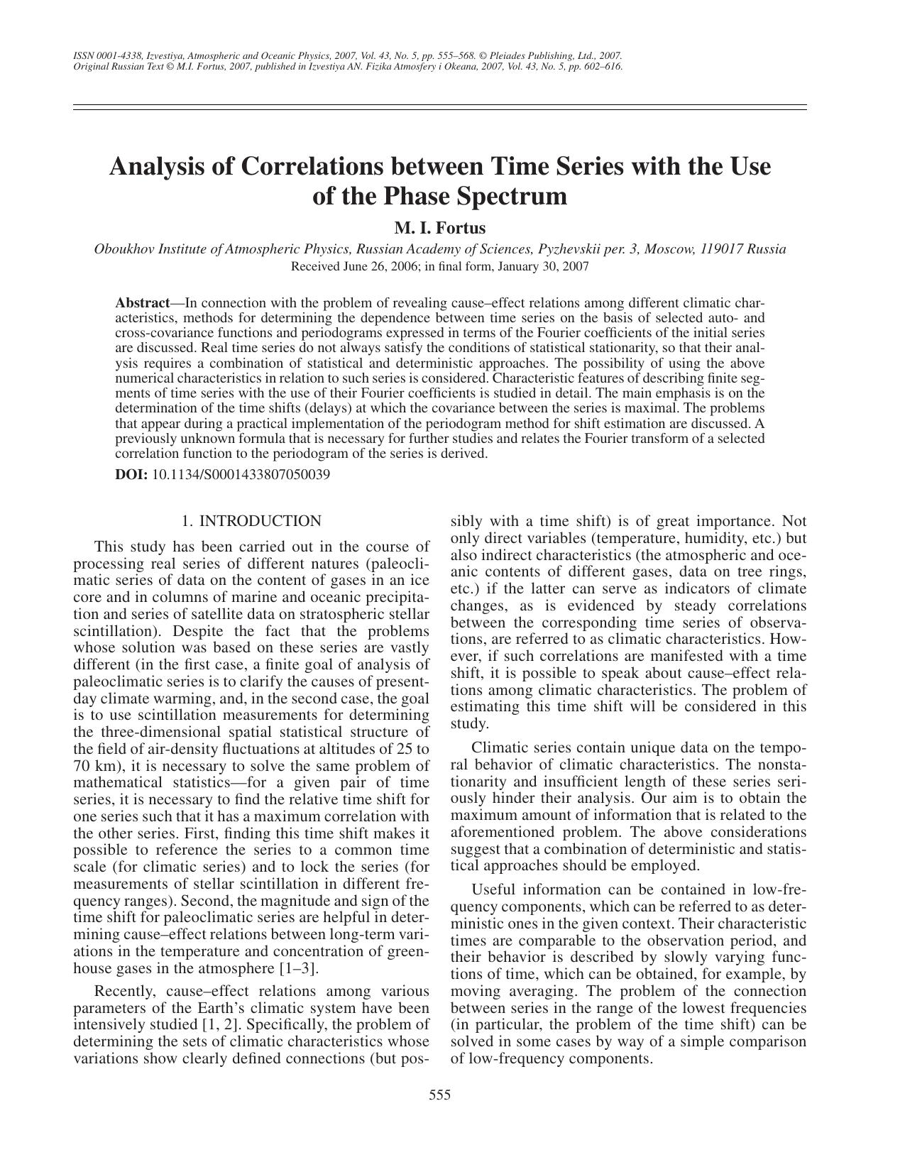 Analysis of correlations between time series with the use of the phase spectrum by Unknown