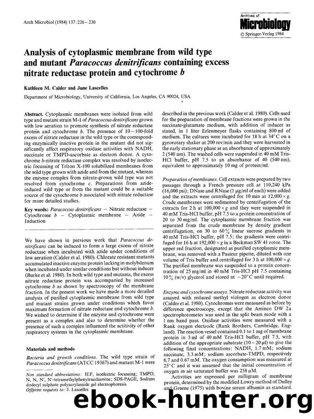 Analysis of cytoplasmic membrane from wild type and mutant <Emphasis Type="Italic">Paracoccus denitrificans<Emphasis> containing excess nitrate reductase protein and cytochrome <Em by Unknown