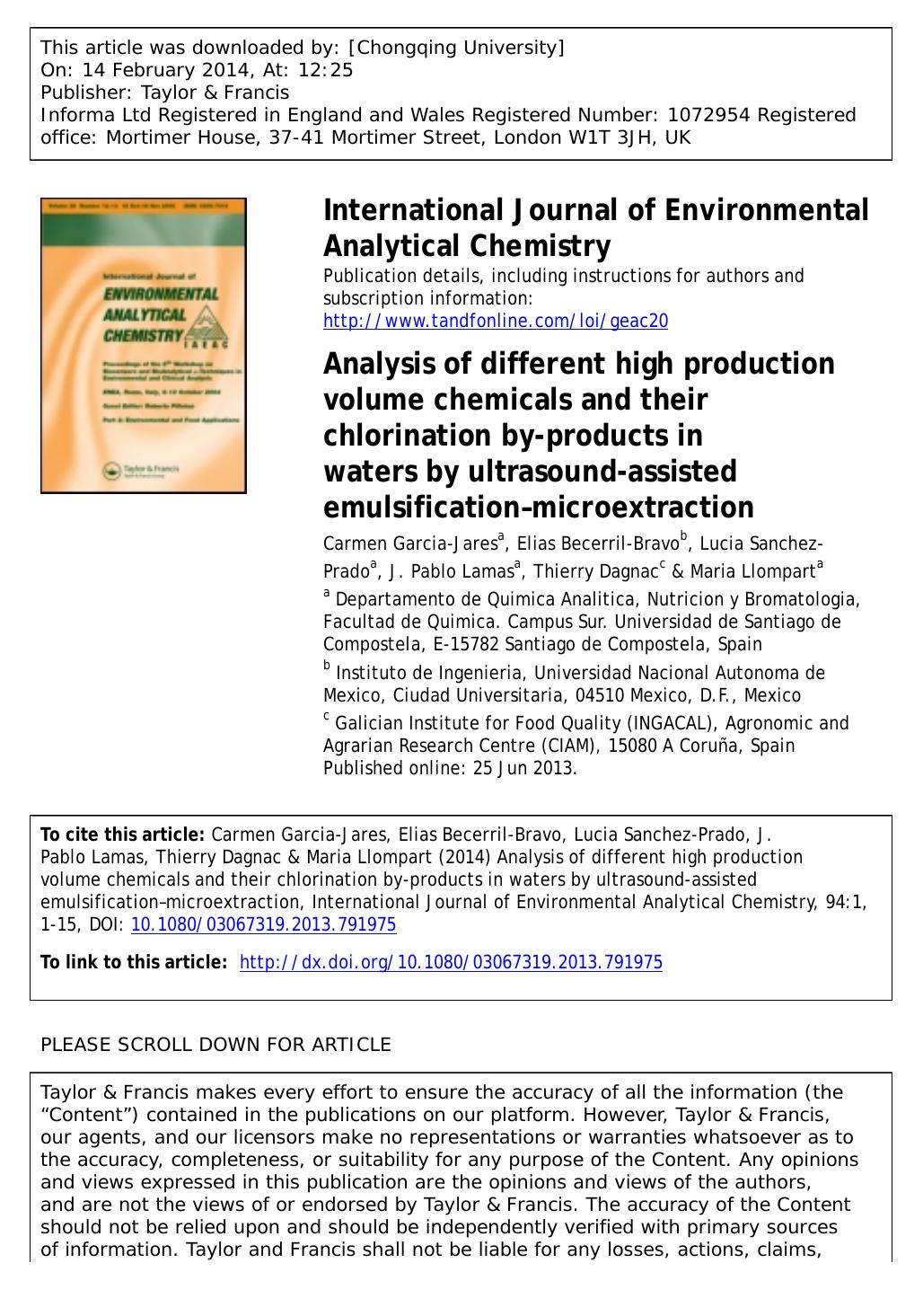 Analysis of different high production volume chemicals and their chlorination by-products in waters by ultrasound-assisted emulsificationâmicroextraction by unknow
