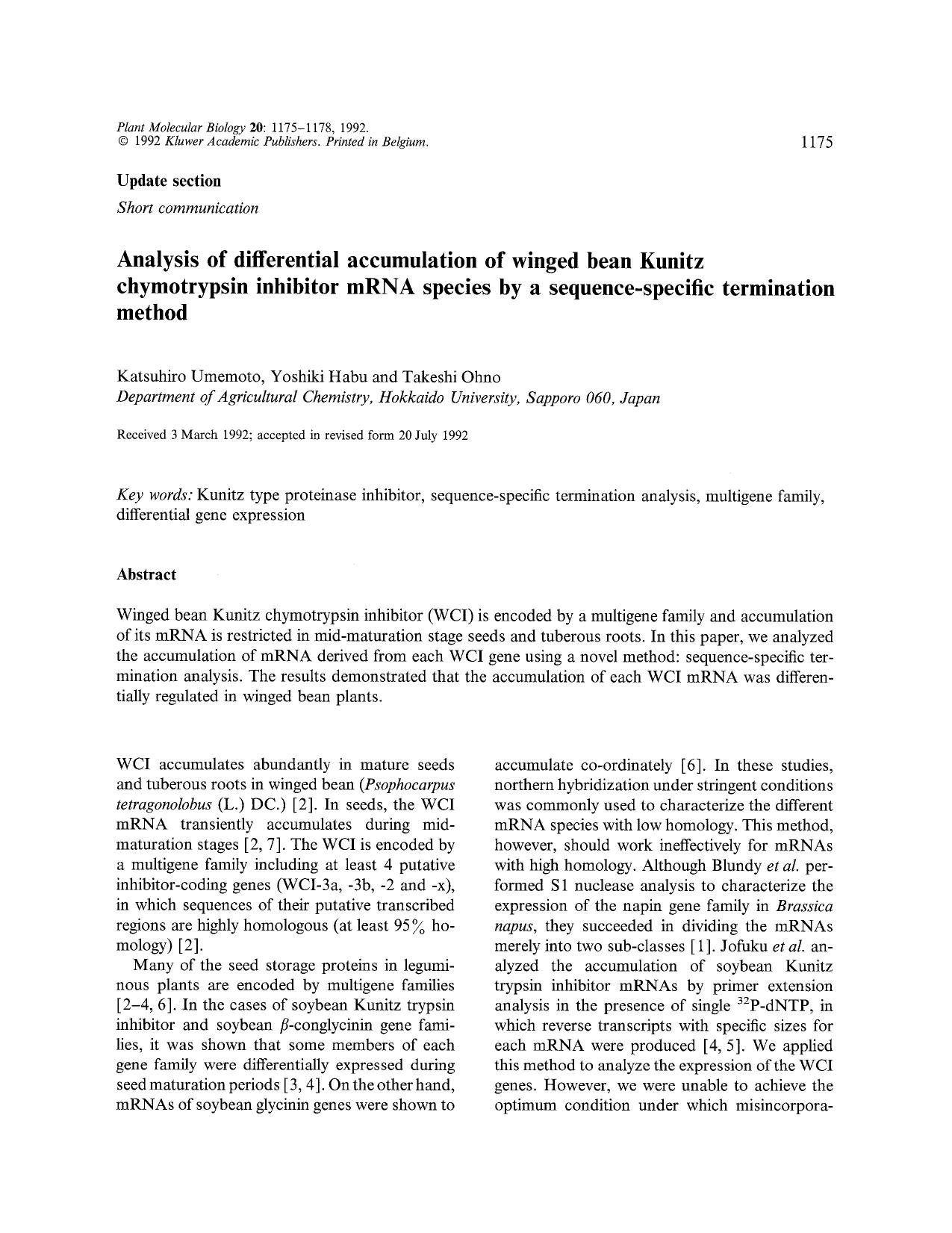 Analysis of differential accumulation of winged bean Kunitz chymotrypsin inhibitor mRNA species by a sequence-specific termination method by Unknown