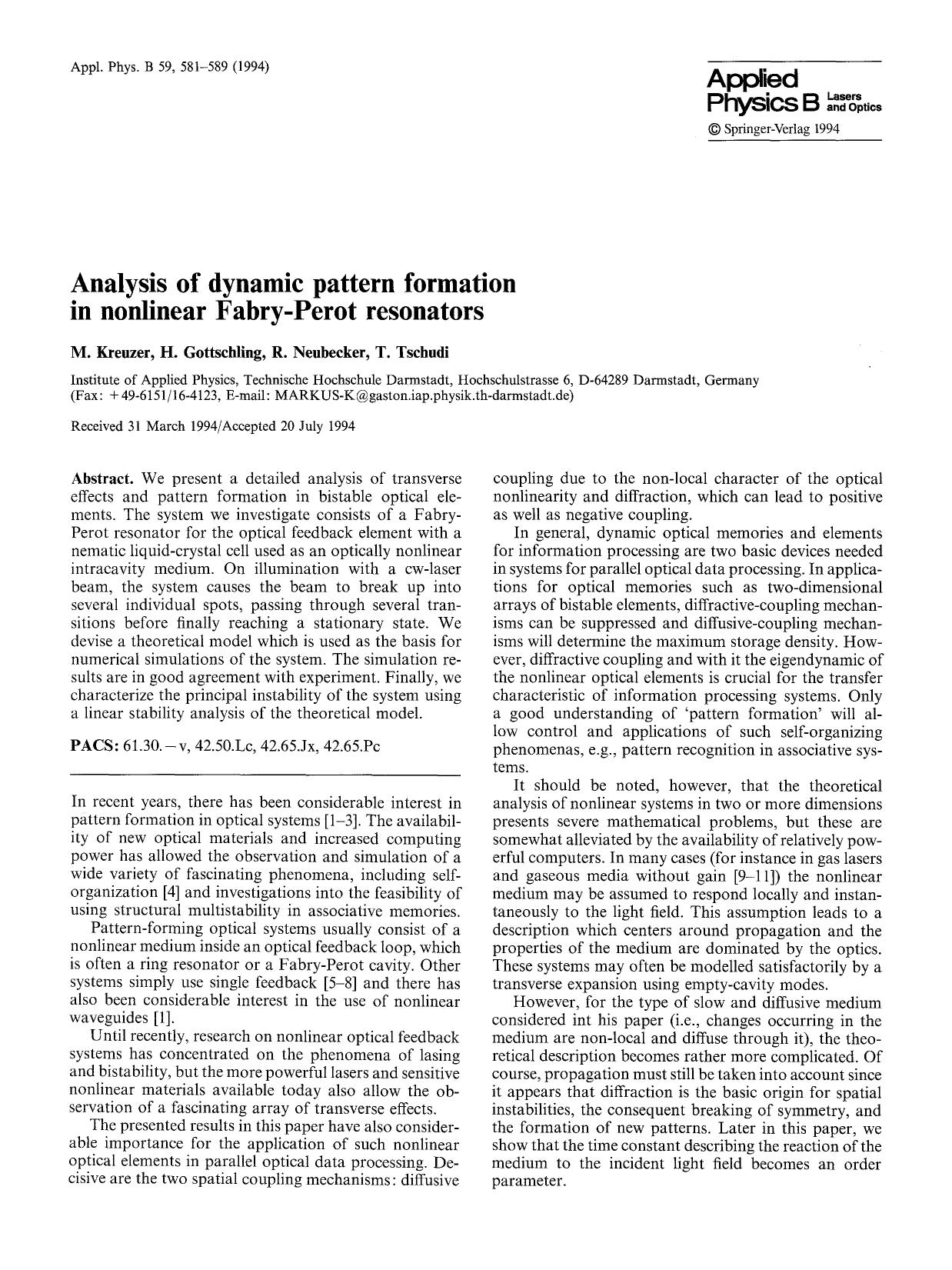 Analysis of dynamic pattern formation in nonlinear Fabry-Perot resonators by Unknown
