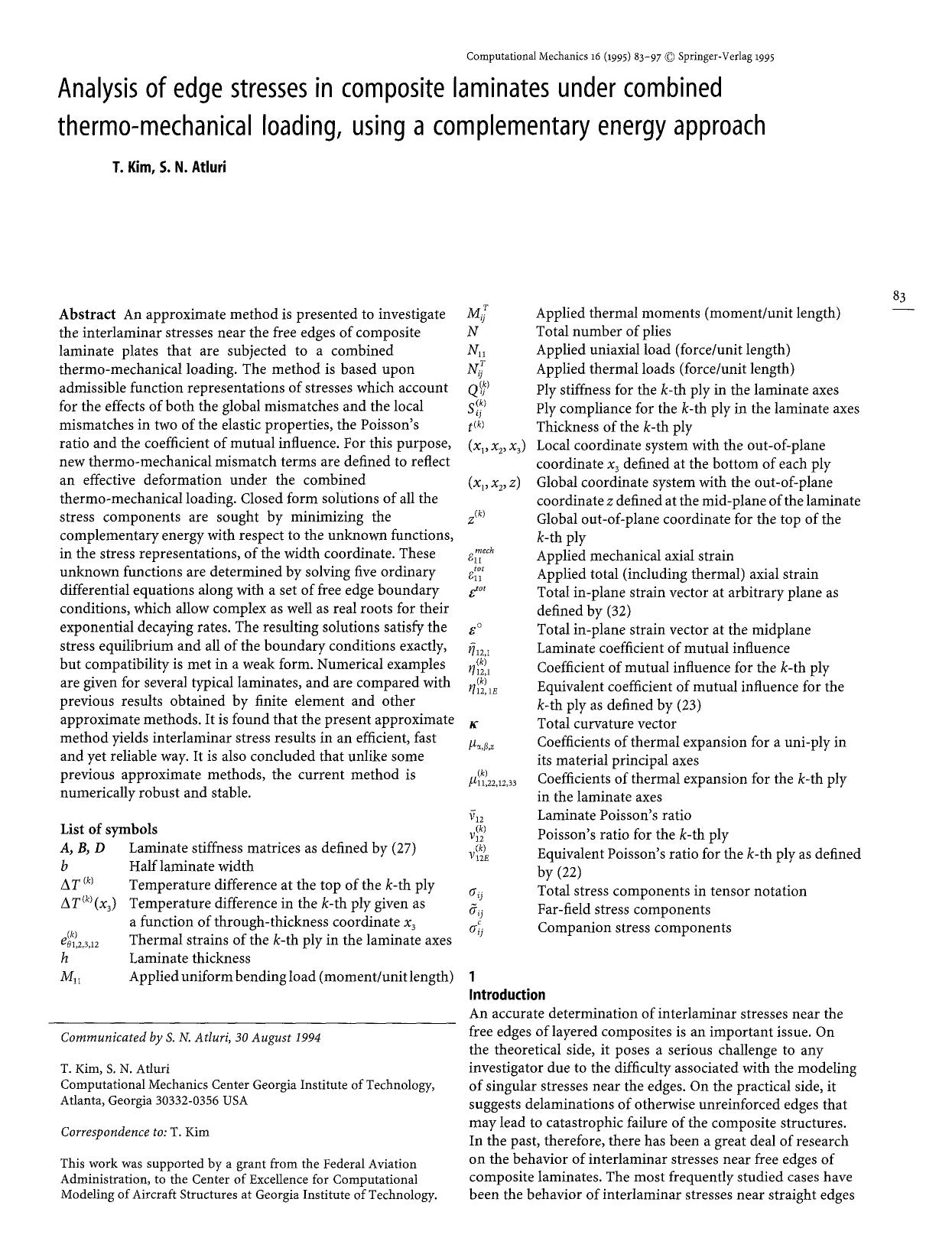 Analysis of edge stresses in composite laminates under combined thermo-mechanical loading, using a complementary energy approach by Unknown