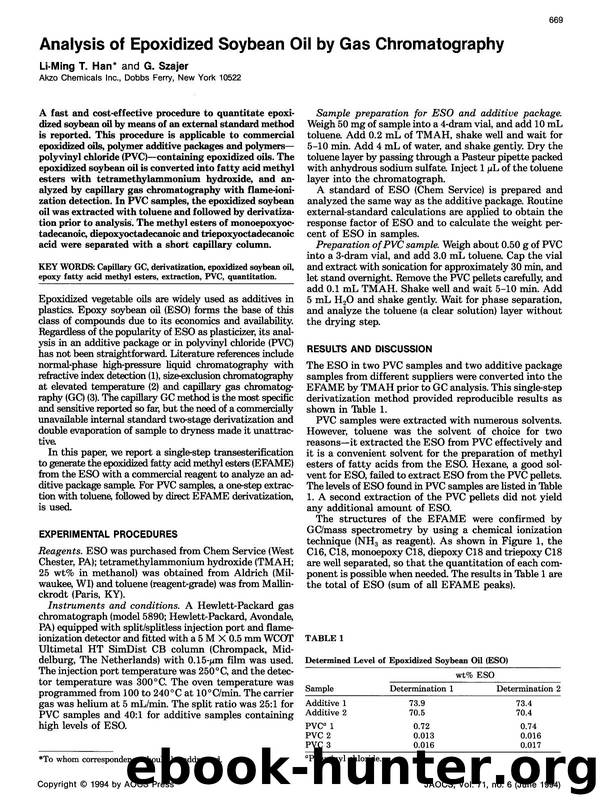 Analysis of epoxidized soybean oil by gas chromatography by Unknown