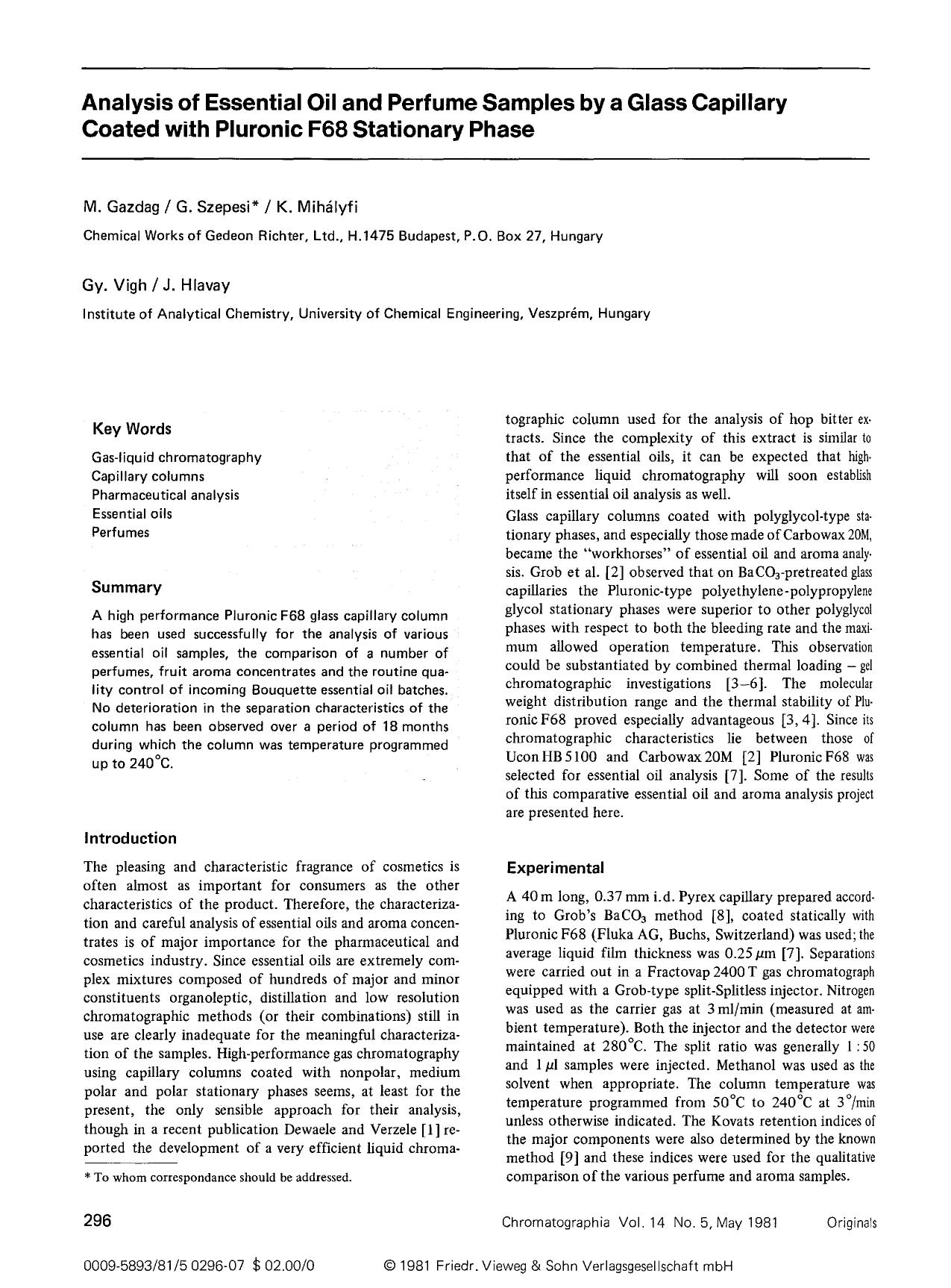 Analysis of essential oil and perfume samples by a glass capillary coated with pluronic F68 stationary phase by Unknown