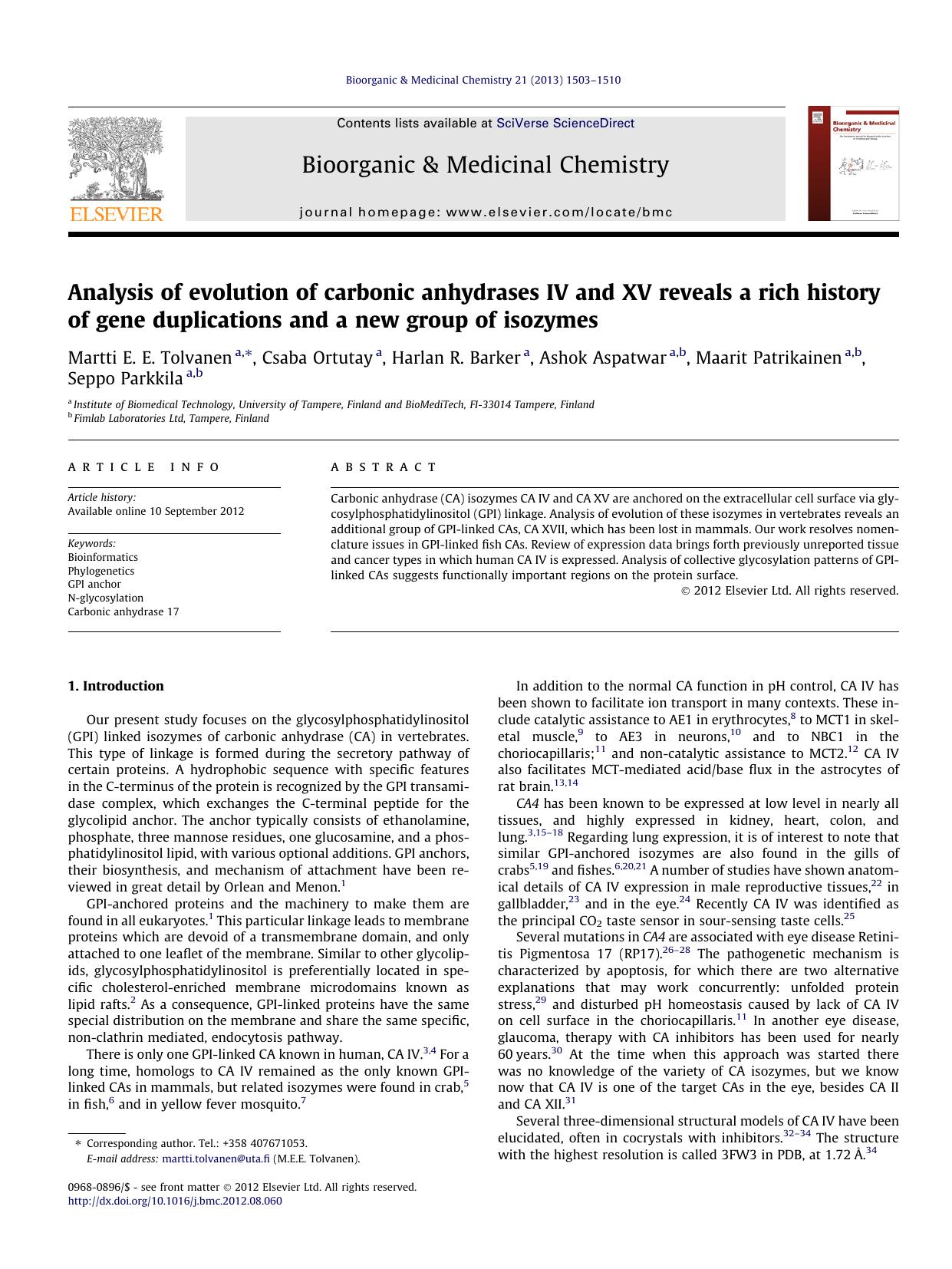 Analysis of evolution of carbonic anhydrases IV and XV reveals a rich history of gene duplications and a new group of isozymes by unknow