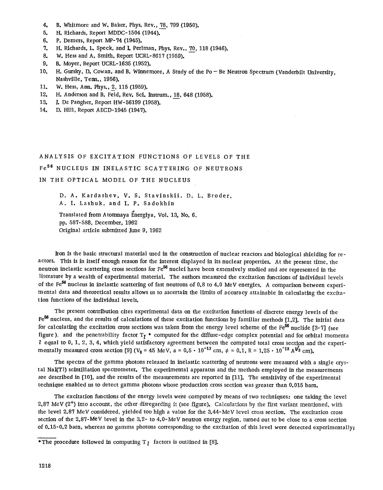 Analysis of excitation functions of levels of the Fe <Superscript>56 <Superscript> nucleus in inelastic scattering of neutrons in the optical model of the nucleus by Unknown