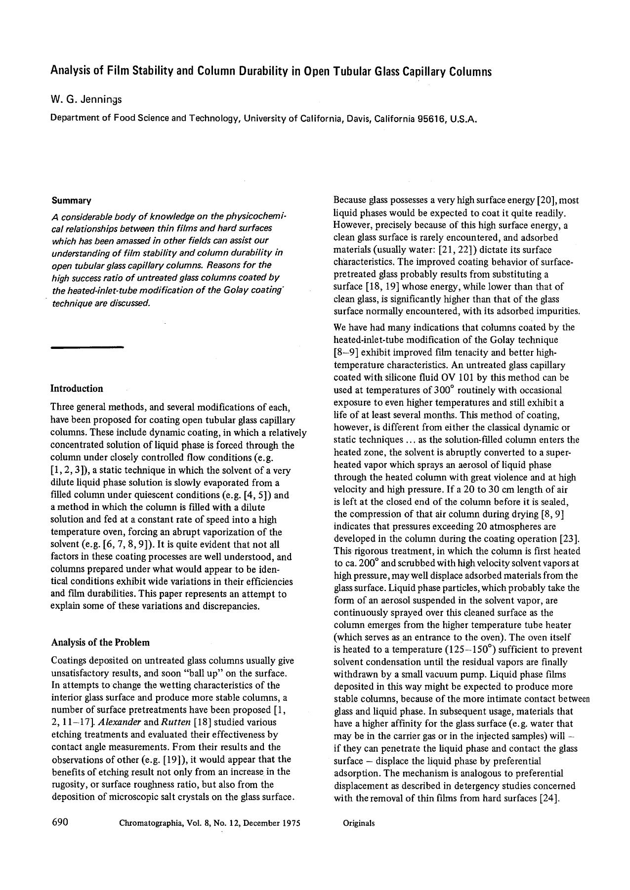 Analysis of film stability and column durability in open tubular glass capillary columns by Unknown