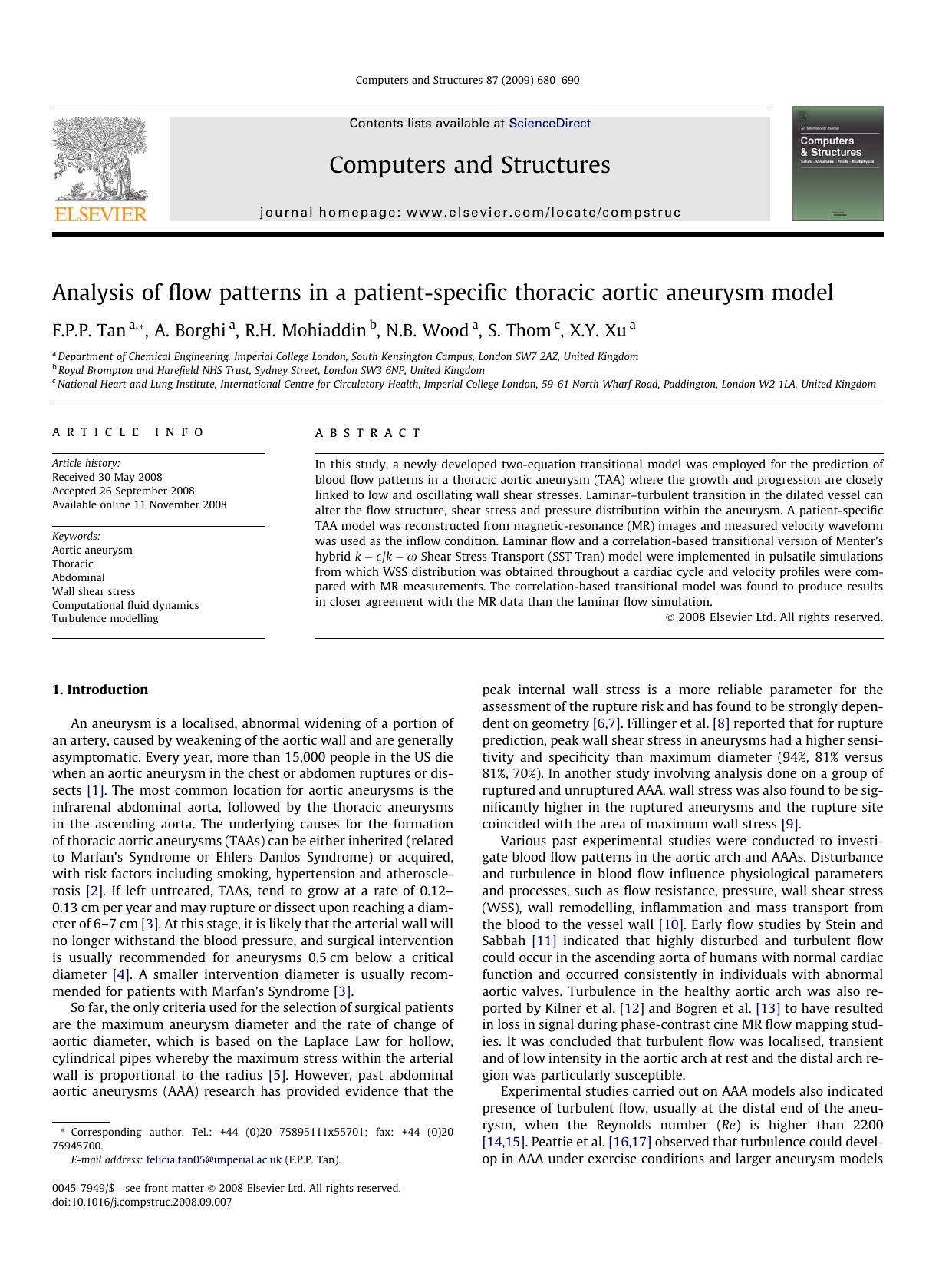 Analysis of flow patterns in a patient-specific thoracic aortic aneurysm model by F.P.P. Tan; A. Borghi; R.H. Mohiaddin; N.B. Wood; S. Thom; X.Y. Xu