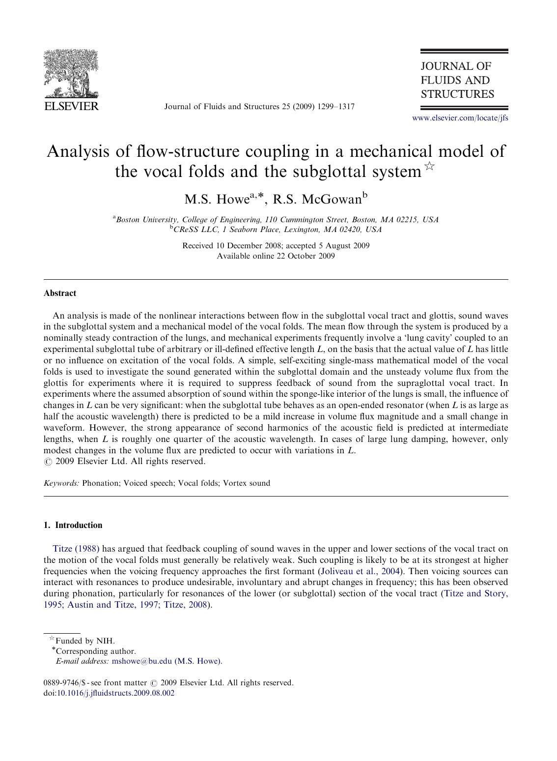 Analysis of flow-structure coupling in a mechanical model of the vocal folds and the subglottal system by M.S. Howe; R.S. McGowan