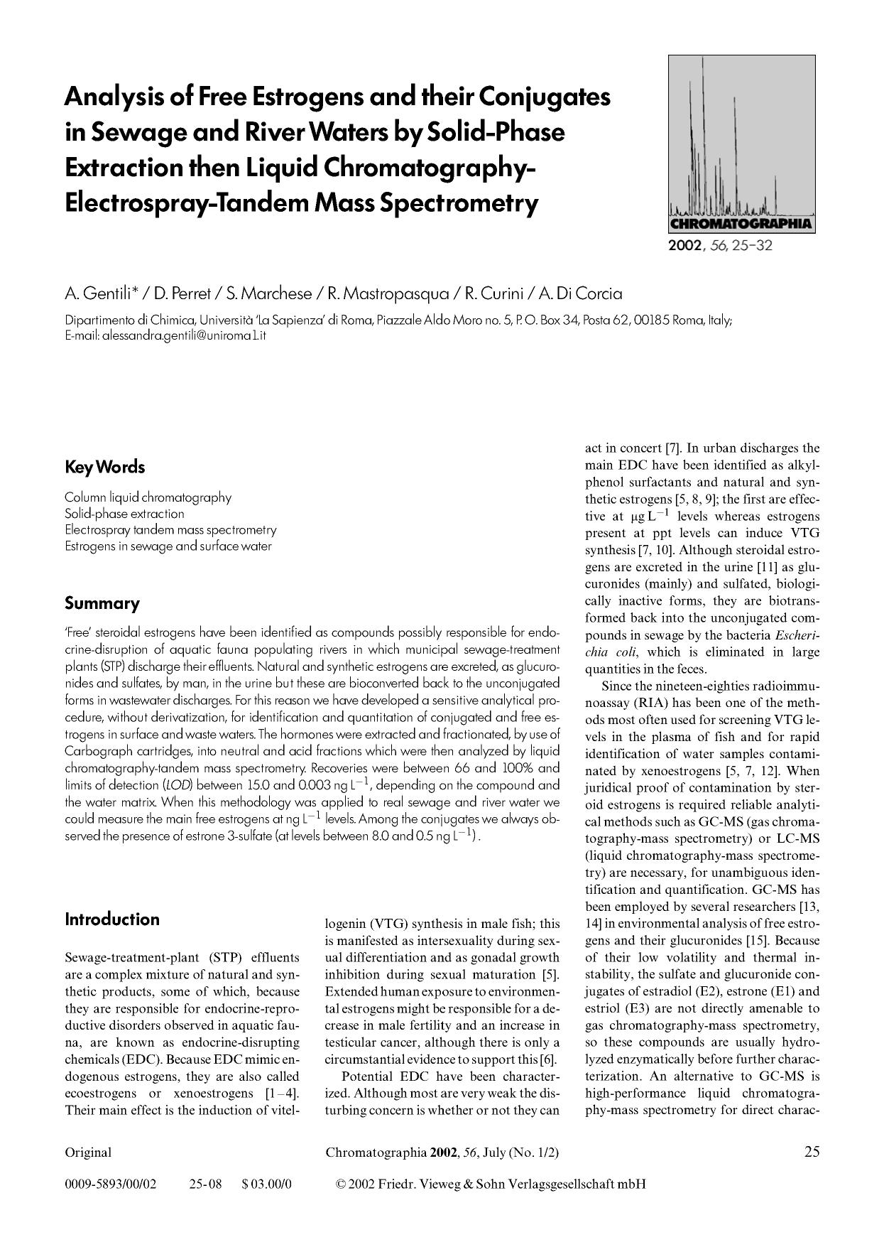 Analysis of free estrogens and their conjugates in sewage and river waters by solid-phase extraction then liquid chromatography-electrospray-tandem mass spectrometry by Unknown
