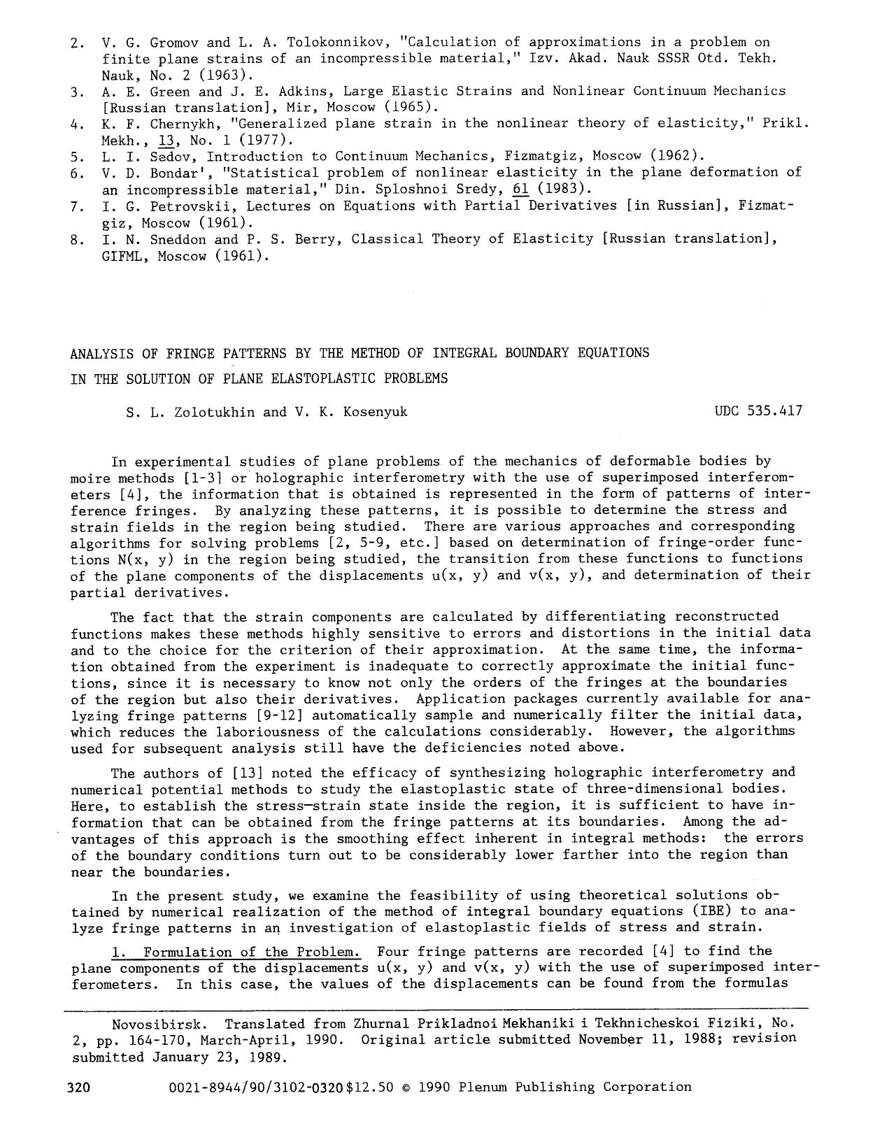 Analysis of fringe patterns by the method of integral boundary equations in the solution of plane elastoplastic problems by Unknown