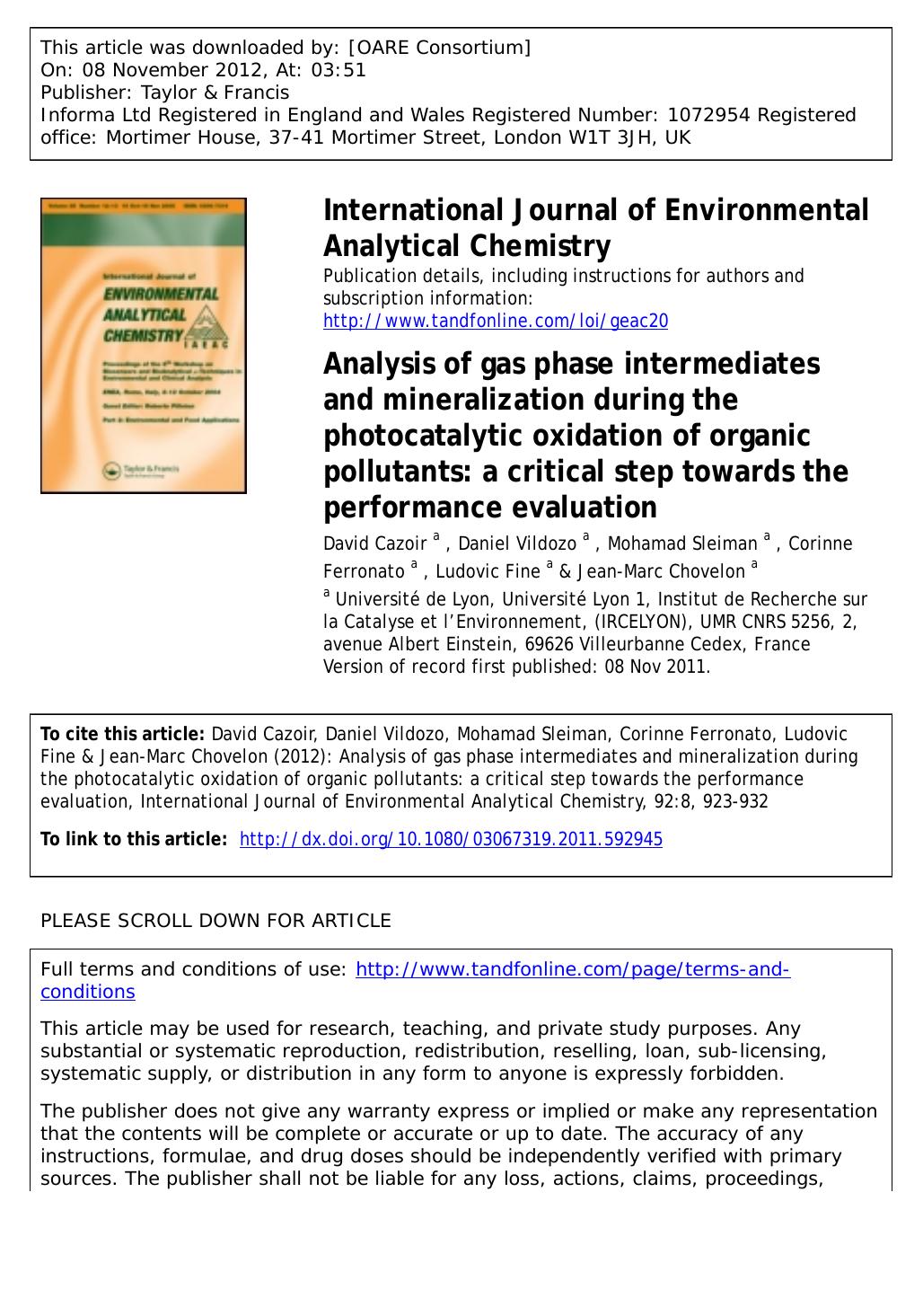 Analysis of gas phase intermediates and mineralization during the photocatalytic oxidation of organic pollutants: a critical step towards the performance evaluation by David Cazoir Daniel Vildozo Mohamad Sleiman Corinne Ferronato Ludovic Fine & Jean-Marc Chovelon