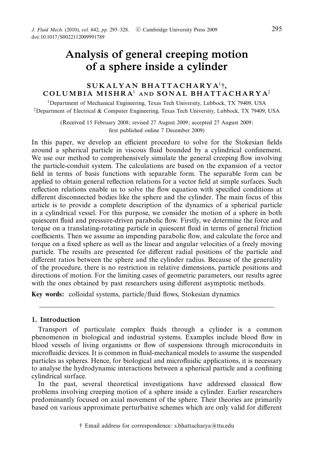 Analysis of general creeping motion of a sphere inside a cylinder by SUKALYAN BHATTACHARYA COLUMBIA MISHRA SONAL BHATTACHARYA