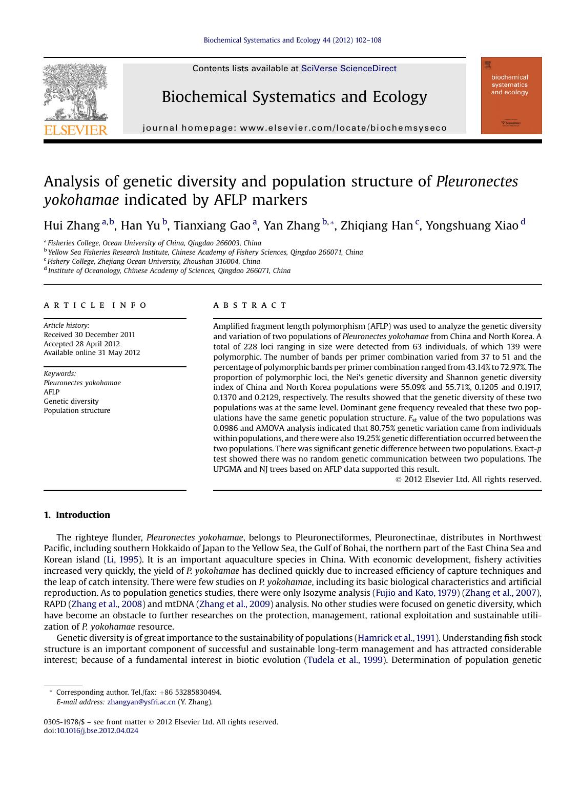 Analysis of genetic diversity and population structure of Pleuronectes yokohamae indicated by AFLP markers by unknow