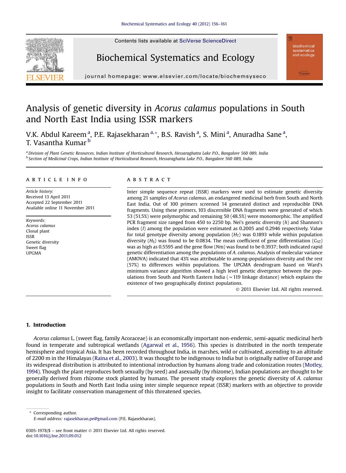 Analysis of genetic diversity in Acorus calamus populations in South and North East India using ISSR markers by V.K. Abdul Kareem & P.E. Rajasekharan & B.S. Ravish & S. Mini & Anuradha Sane & T. Vasantha Kumar