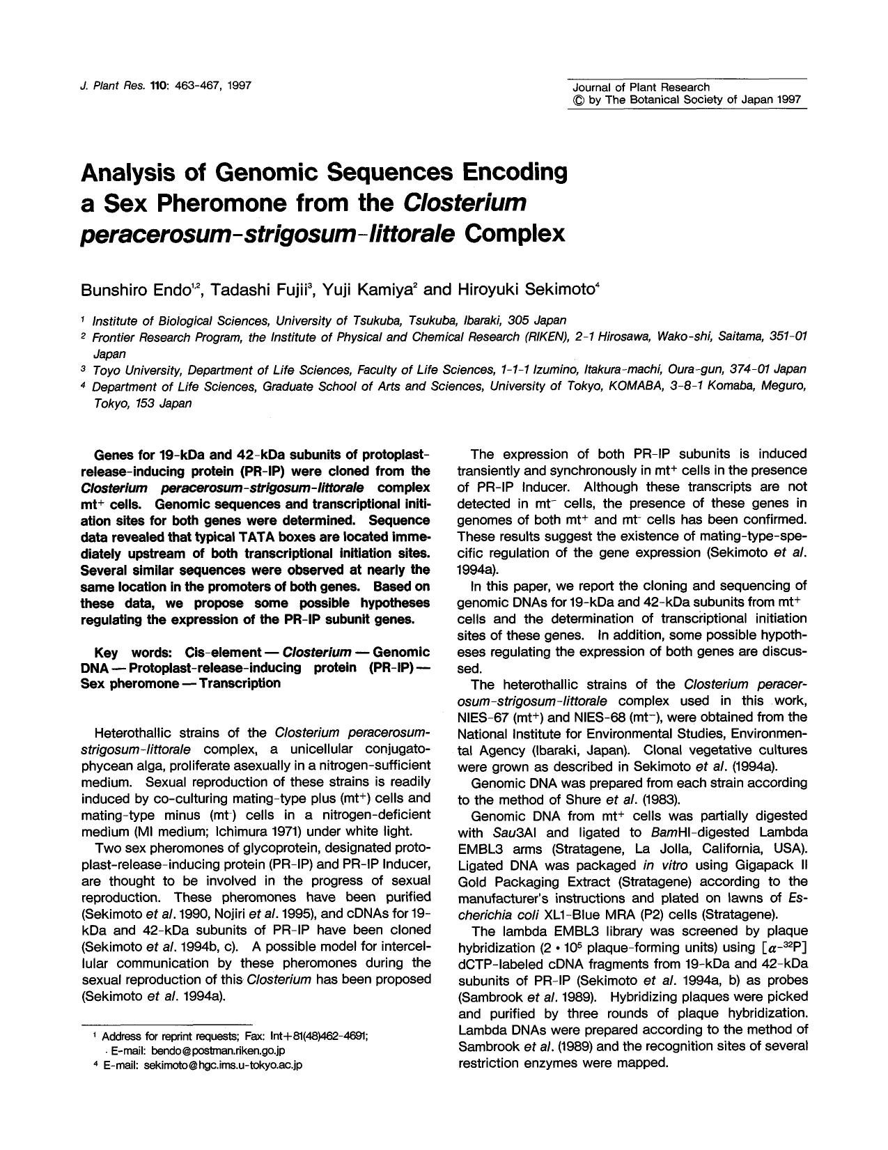 Analysis of genomic sequences encoding a sex pheromone from the <Emphasis Type="Italic">Closterium peracerosum-strigosum-littorale <Emphasis> complex by Unknown