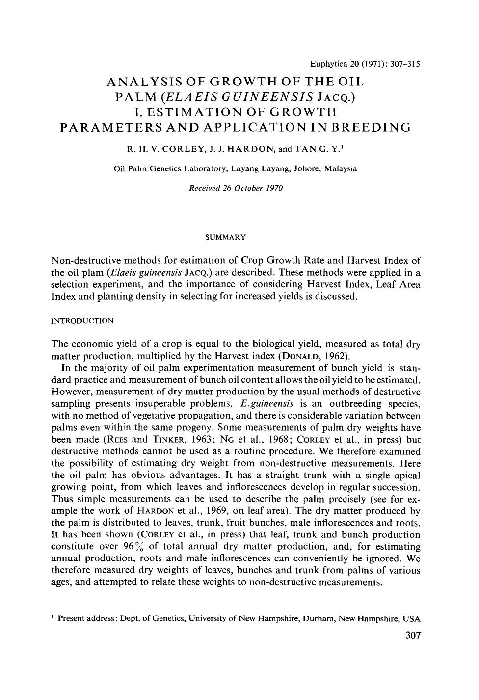 Analysis of growth of the oil palm ( <Emphasis Type="Italic">Elaeis guineensis <Emphasis> <Emphasis Type="SmallCaps">Jacq. <Emphasis>) I. Estimation of growth parameters and application in breeding by Unknown