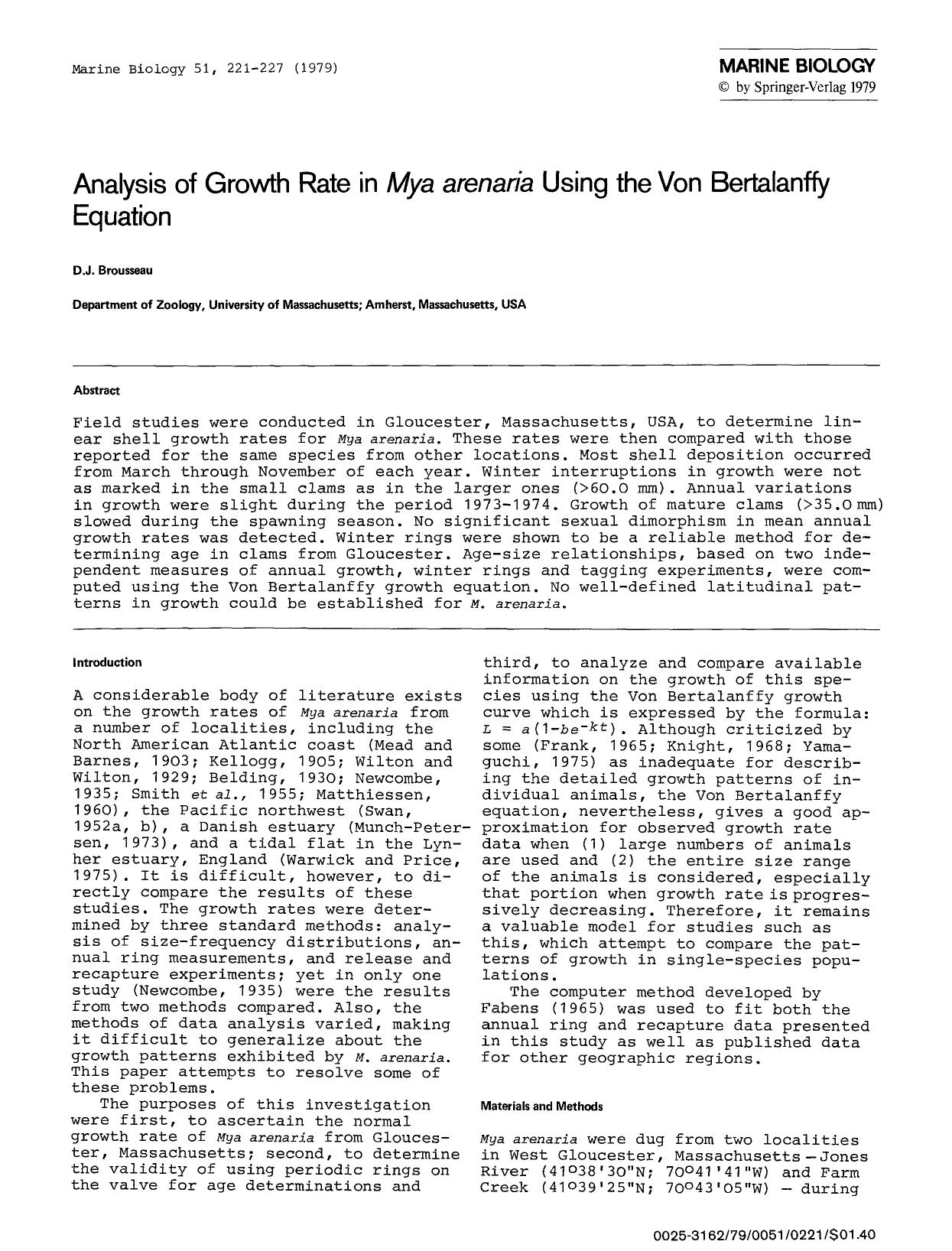 Analysis of growth rate in <Emphasis Type="Italic">Mya arenaria<Emphasis> using the Von Bertalanffy equation by Unknown